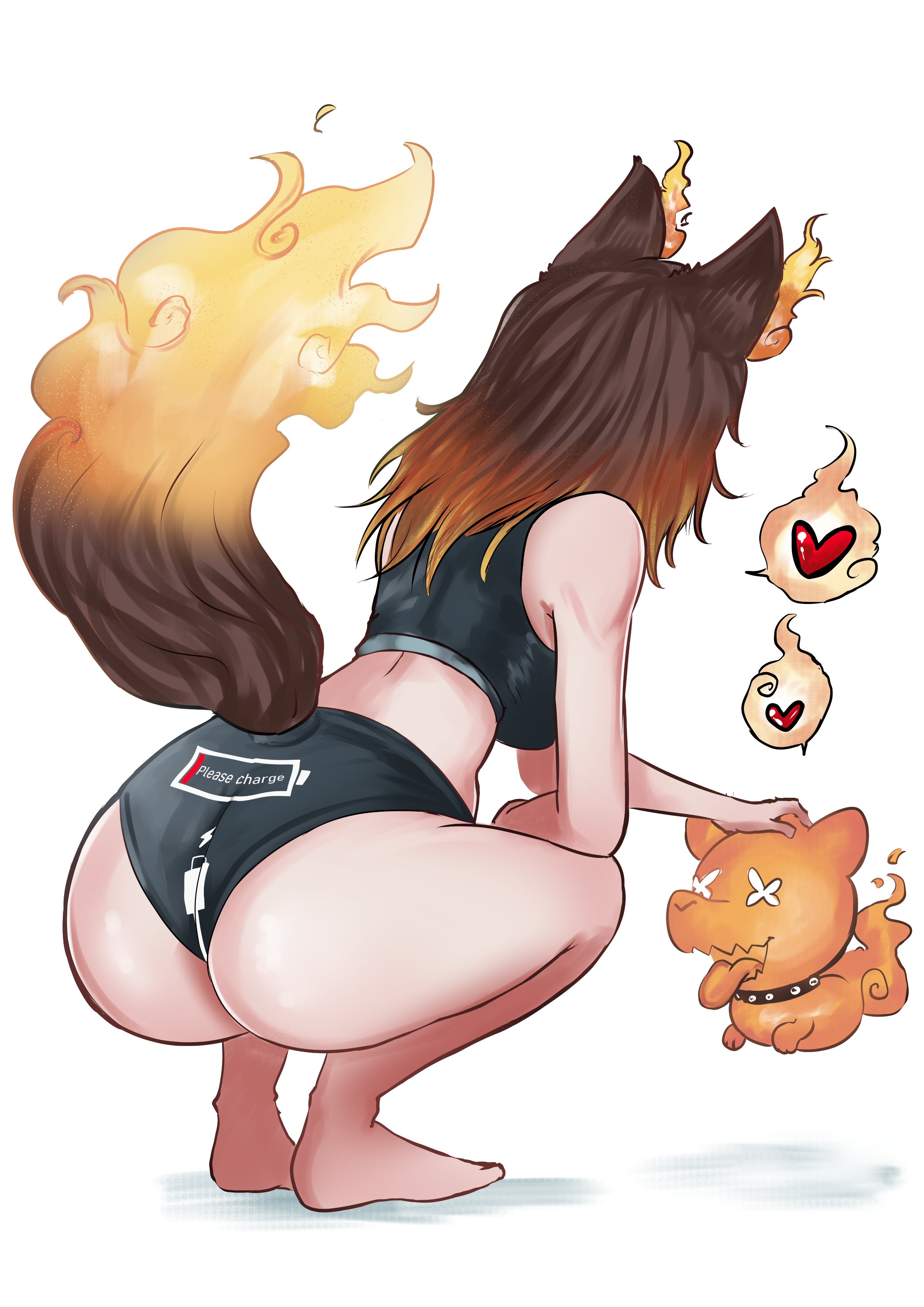 1girls, brown hair, fan mascot (vtuber), female, head grab, heart, hellhound, indie virtual youtuber, leslieempty, orange hair, please charge panties, pyro pup (sinder), rear view, short hair, sinder (vtuber), solo, solo female, sports bra, sports shorts, sportswear, squatting, tail, two-tone hair, virtual youtuber, wolf ears, wolf girl, wolf tail
