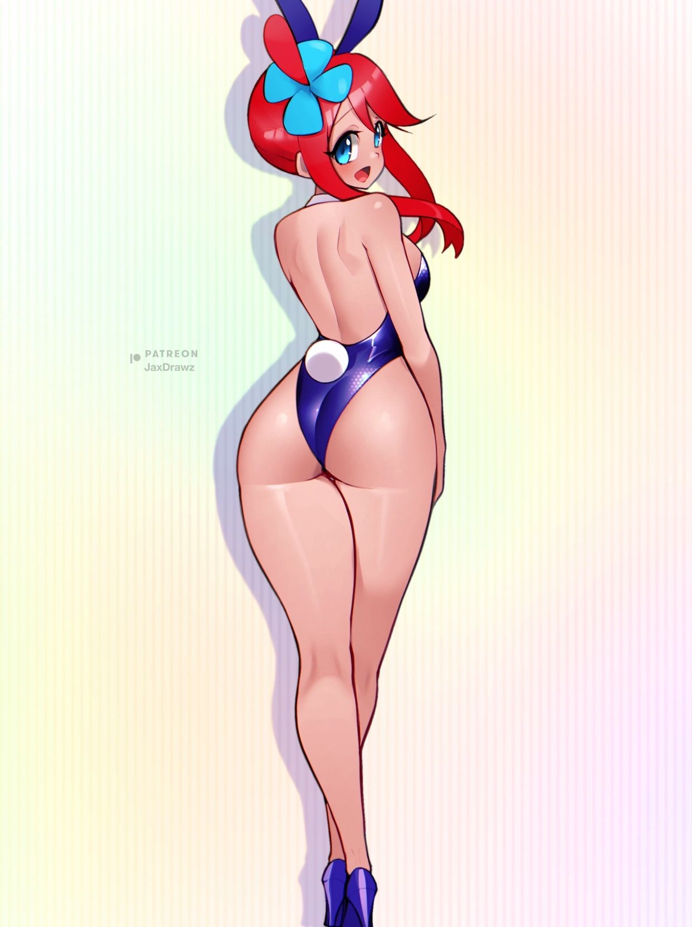 ass, bare shoulders, blue eyes, female, female only, highres, jaxdrawz, leotard, long hair, looking back, nintendo, pokemon, pokemon bw, rabbit ears, rabbit tail, red hair, skyla (pokemon), sleeveless, thong leotard