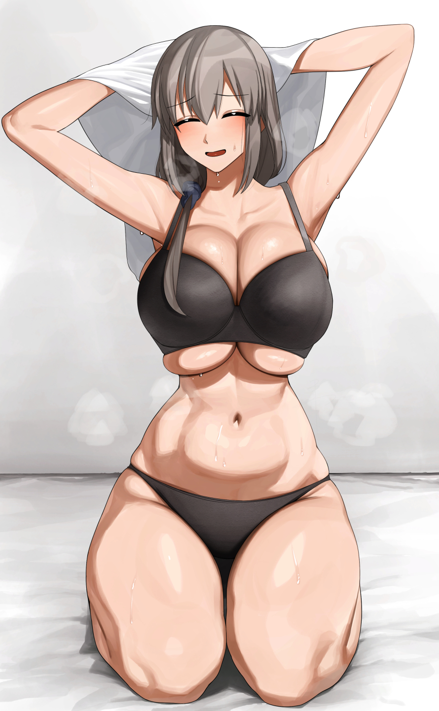 1girls, alternate costume, armpits, arms up, bed sheet, bikini, black bikini, blush, breasts, brown hair, cleavage, closed eyes, collarbone, commentary request, curvy, female, female only, hair over shoulder, highres, huge breasts, long hair, mature female, navel, seiza, senju (snz0), shirt, sitting, skindentation, smile, solo, steaming body, stomach, sweat, swimsuit, underboob, undressing, uzaki tsuki, uzaki-chan wa asobitai!, white shirt