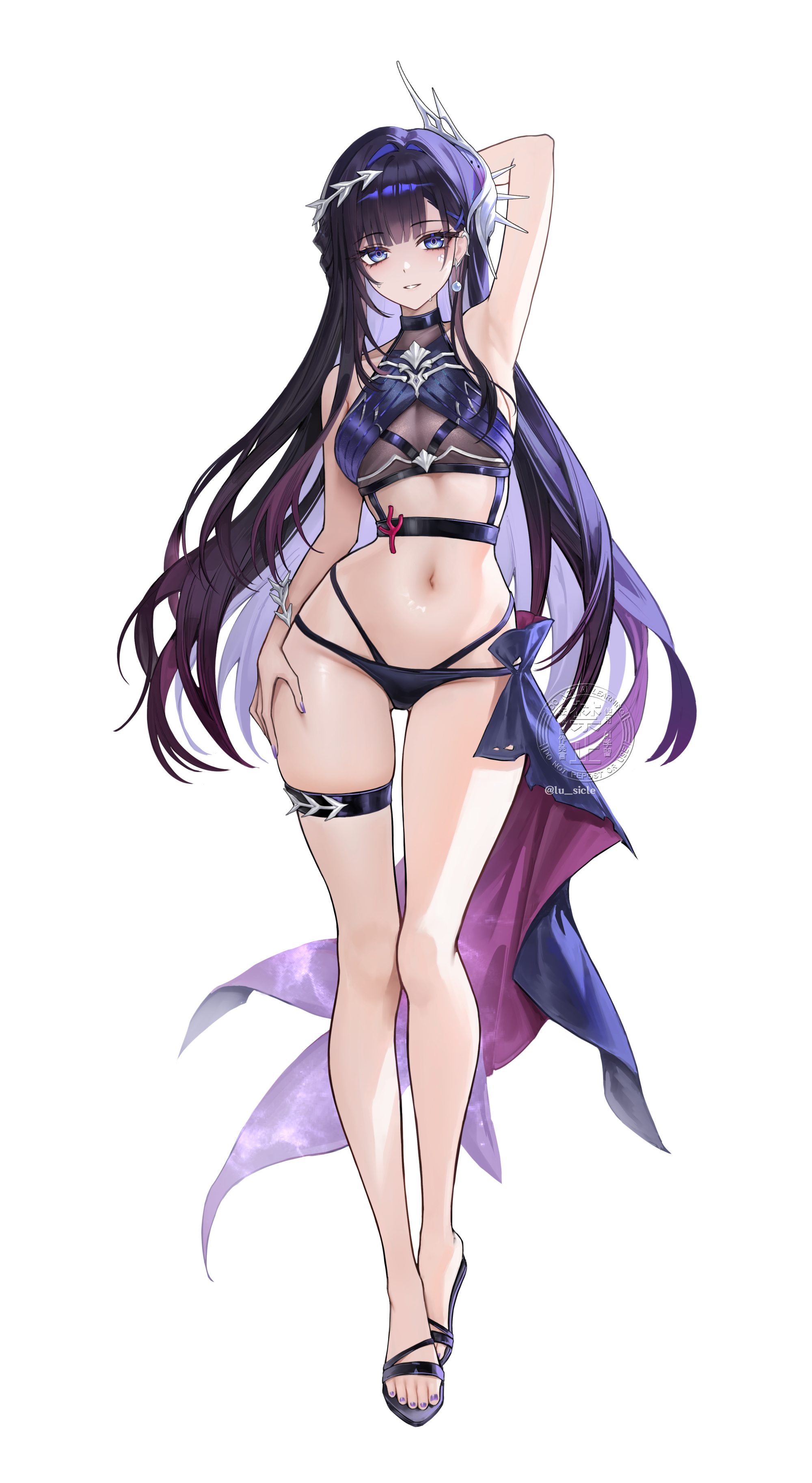 1girls, black hair, black swimsuit, female, honkai: star rail, hoyoverse, hysilens (honkai: star rail), long hair, lu sicle, mihoyo, swimsuit, white background