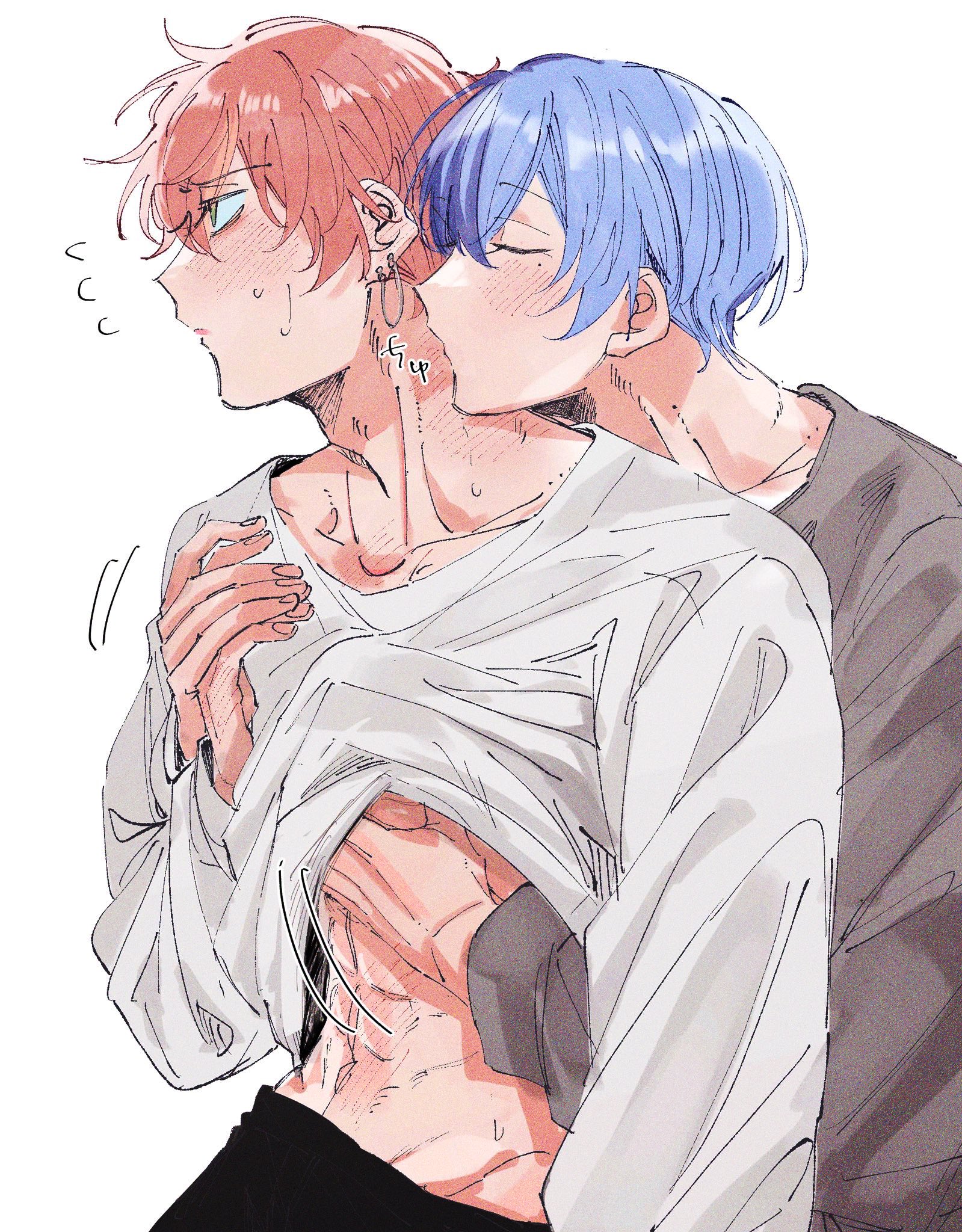 0finally top touya content, 2boys, 2male, 2males, aoyagi touya, blushing, breasts, clothed, groping, groping breasts, holding hands, jnjnkrn, kissing, kissing neck, lifting shirt, male, male only, project sekai, shinonome akito, white background, worried expression, yaoi