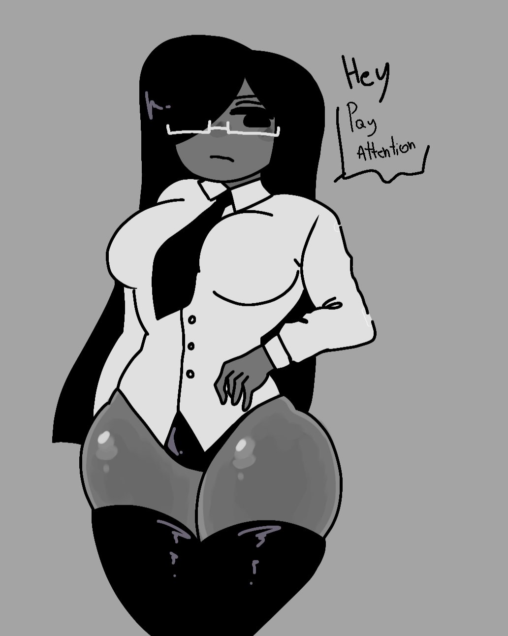 1girls, black hair, female, grey skin, long hair, office lady (atastic), panties, shirt, solo, thighhighs, tie, zamzipperart