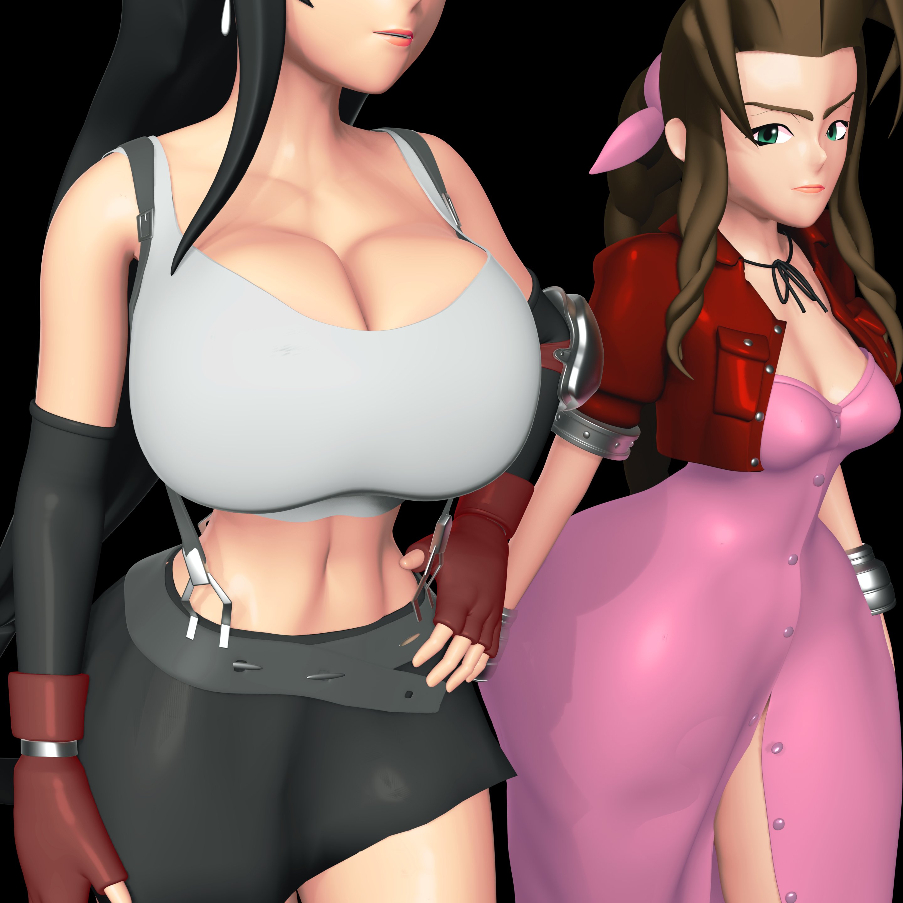 2girls, 3d, 3d (artwork), aerith gainsborough, big breasts, boob envy, breast envy, breasts, brown hair, brown hair female, brunette female, brunette hair, clothed, clothed female, female, female focus, female only, final fantasy, final fantasy vii, hips, large boobs, large breasts, light skin, light-skinned female, medium boobs, medium breasts, square enix, straightasan, thick thighs, thighs, tifa lockhart, tifa lockhart (1997), tifa lockhart 90's (style), wide hips