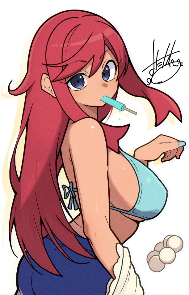 1girls, bikini, blue eyes, blue shorts, breasts, dark skin, dark-skinned female, female, female only, game freak, large breasts, long hair, looking at viewer, mituyota 76, nintendo, official alternate costume, one side up, pokemon, pokemon bw, pokemon masters, pokemon masters ex, popsicle, red hair, shorts, simple background, skyla (pokemon), skyla (summer 2025) (pokemon masters), solo, undressing, untied hair