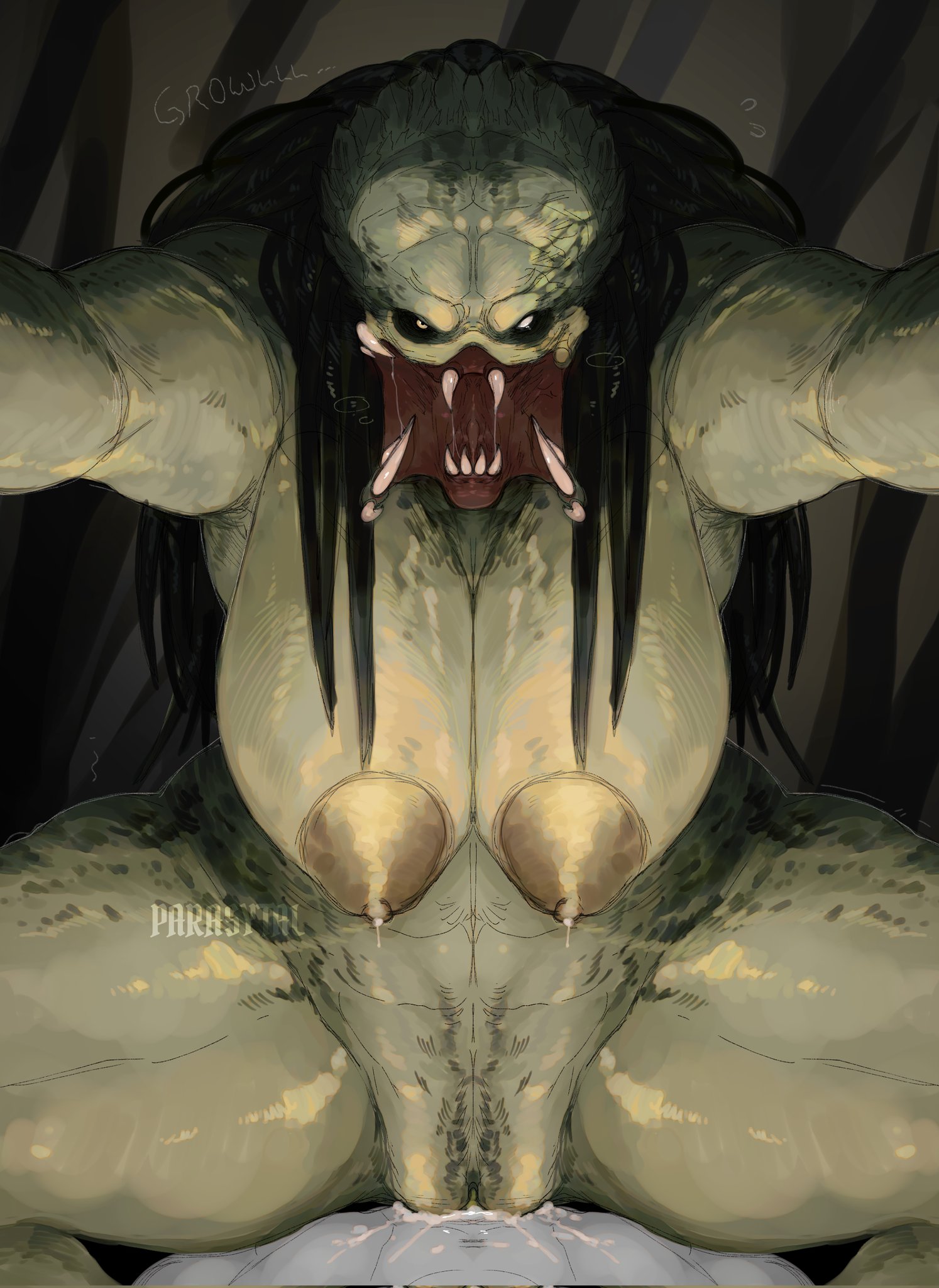 1girls, alien, alien girl, artist signature, big breasts, breasts, cowgirl position, cum, cum in pussy, cum inside, digital painting (artwork), dominant female, dreadlocks, female, female dominating male, female focus, female on male, female on top, female yautja, girl on boy, girl on top, grey body, huge breasts, lactating, lactation, looking at viewer, mandibles, milk, muscular female, open mouth, parasytal, penetration, penis, penis in pussy, pov, predator (franchise), pussy, sagging breasts, straight, thick thighs, thighs, thunder thighs, yautja