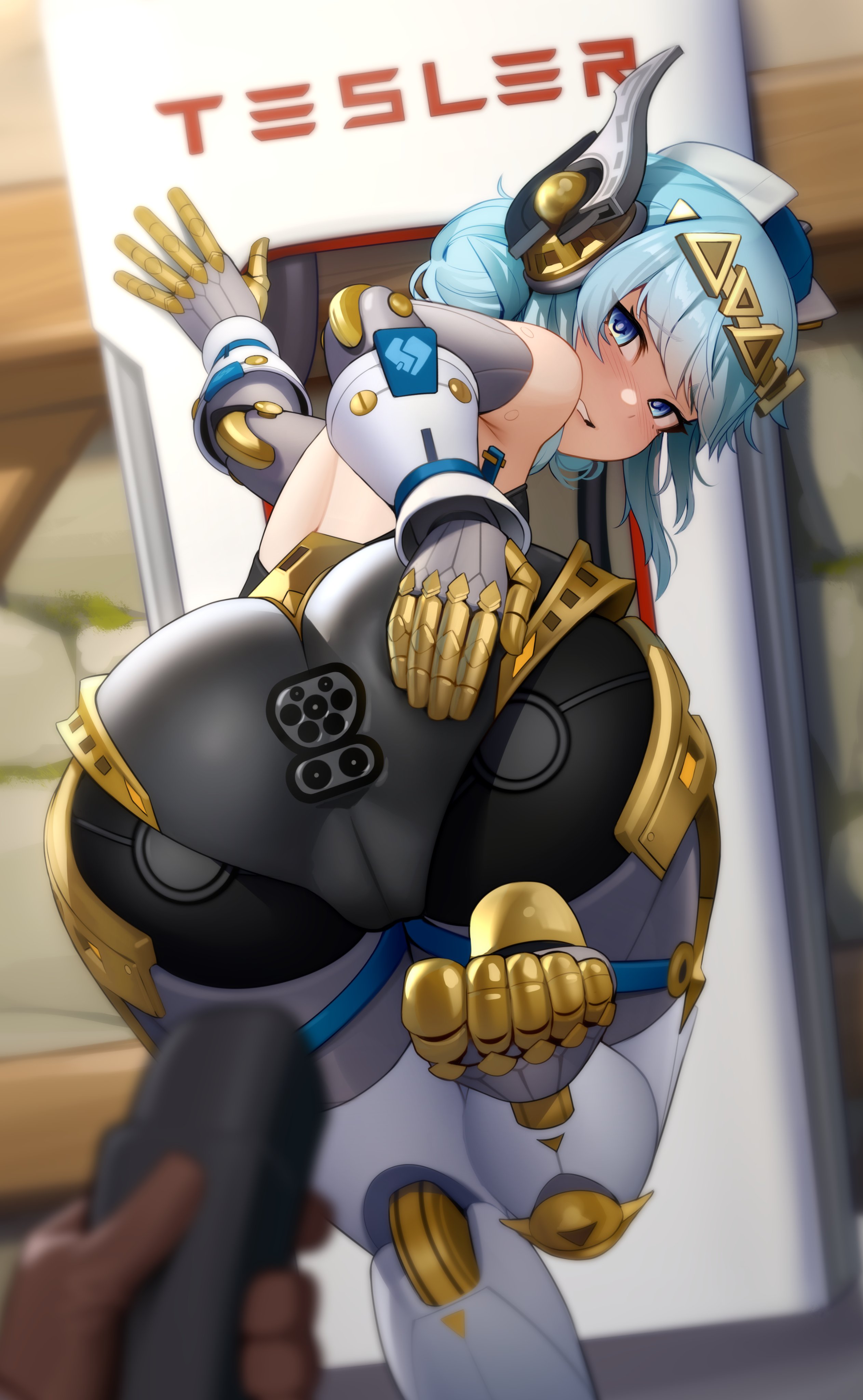 1boy, 1girls, ass, ass grab, buttplug, buttplug under clothes, charging cable, charging station, feet, female, genshin impact, hoyoverse, ineffa (genshin impact), kairuhentai, kairunoburogu, looking back, male, mihoyo, presenting ass, presenting hindquarters, robot, robot feet, robot girl, tesla