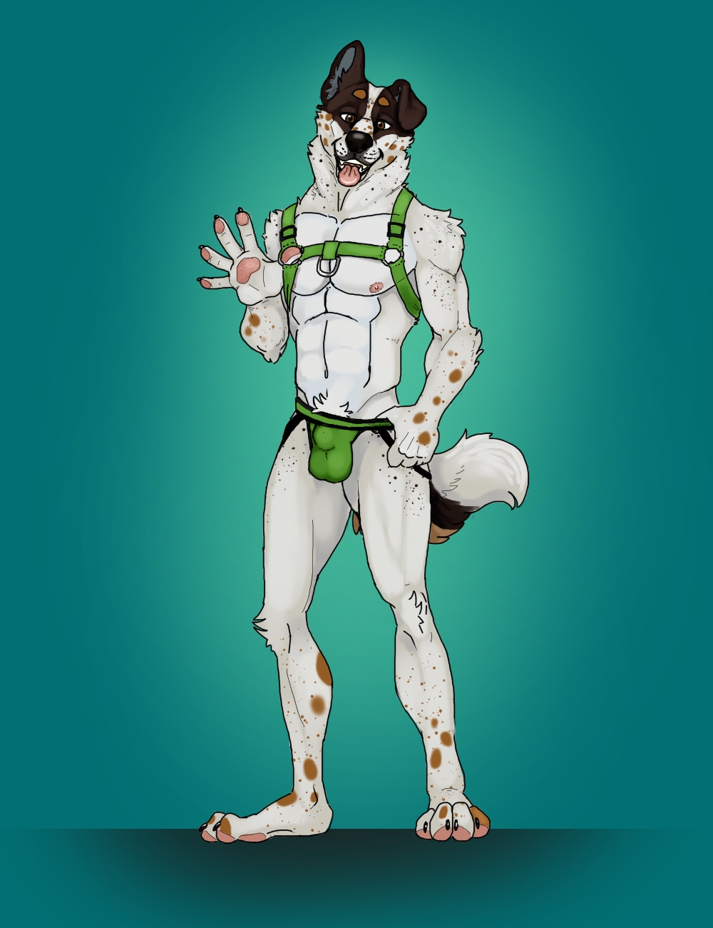 1boy bulge canid canine canis clothing domestic_dog fisis furry green_underwear harness hi_res jock jockstrap looking_at_viewer male male_only mammal pubes solo solo_male underwear undressing