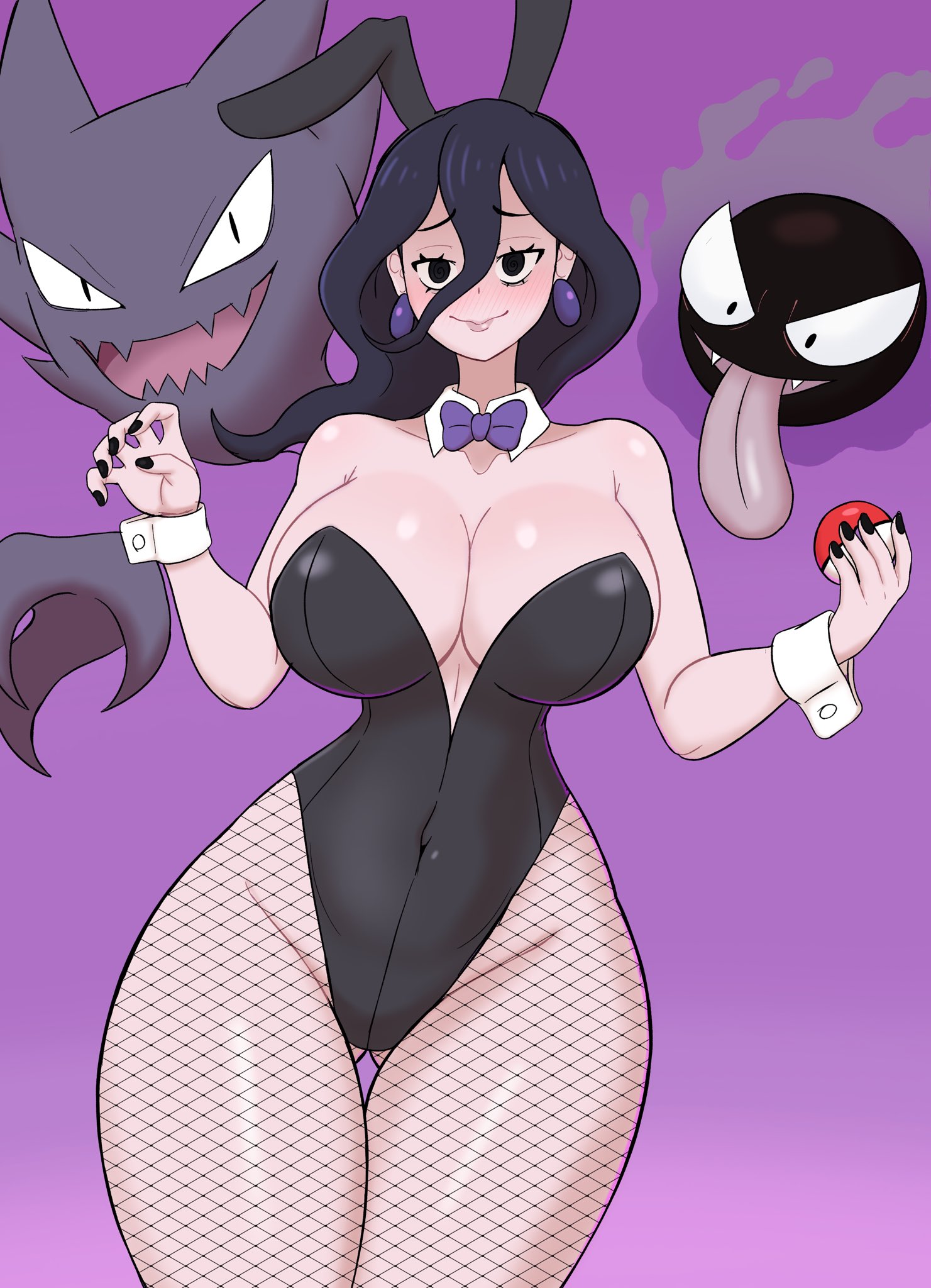 1girls, animal ears, bare shoulders, big breasts, black eyes, black hair, black leotard, black nails, blush, bow, bowtie, breasts, bunny ears, bunnysuit, cleavage, covered navel, earrings, female, female only, fishnet legwear, fishnets, game freak, gastly, haunter, hex maniac, jewelry, large breasts, leotard, long hair, looking at viewer, nail polish, nintendo, pokemon, purple background, purple hair, purple nails, purple theme, red nails, solo, strapless, strapless leotard, stronknsfw, wrist cuffs