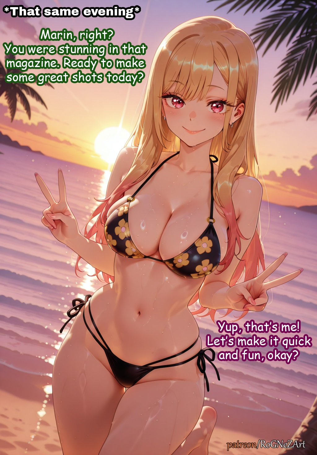 2025, ai generated, anime, bangs, beach, bikini, black bikini, blonde hair, blush, breasts, cleavage, closed mouth, collarbone, crossover, double v, dutch angle, ear piercing, earrings, english text, evening, female, female focus, female only, floral print, halterneck, highres, horizon, industrial piercing, jewelry, kitagawa marin, kuroe shizuku, large breasts, long hair, looking at viewer, marin kitagawa, multi-strapped bikini, multicolored hair, my dress up darling, navel, ocean, orange sky, outdoors, patreon, piercing, pink nails, print bikini, red eyes, rognezart, side-tie bikini bottom, sky, smile, solo, sono bisque doll wa koi wo suru, standing, standing on one leg, string bikini, sunset, swimsuit, tree, twilight, v, water, wet