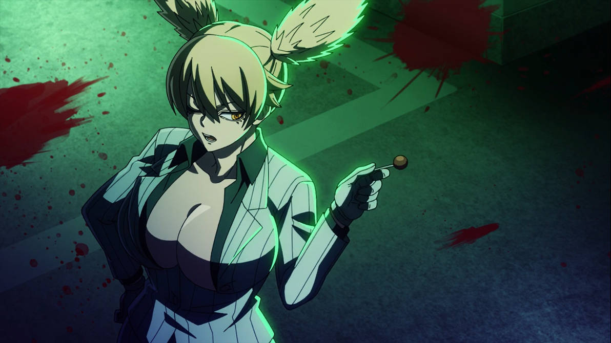 annoyed expression, big breasts, breasts, cleavage, female, hand on hip, large breasts, lollipop, momokusa yomogi, neutral expression, screencap, tougen anki, winking