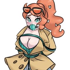 1girls, alternate breast size, arms behind back, arms tied, ballgag, blue eyes, bondage, breasts, cleavage, clothed, coat, drooling, eye contact, eyelashes, eyewear on head, female, female only, femsub, gag, gagged, glasses, green eyes, hair ornament, huge breasts, human, human only, jacket, long hair, looking at viewer, nintendo, orange hair, pants, pokemon, pokemon ss, red hair, rope, saliva, shirt, solo, sonia (pokemon), source request, standing, sunglasses, sunglasses on head, tied hair, tied up, trenchcoat, white background