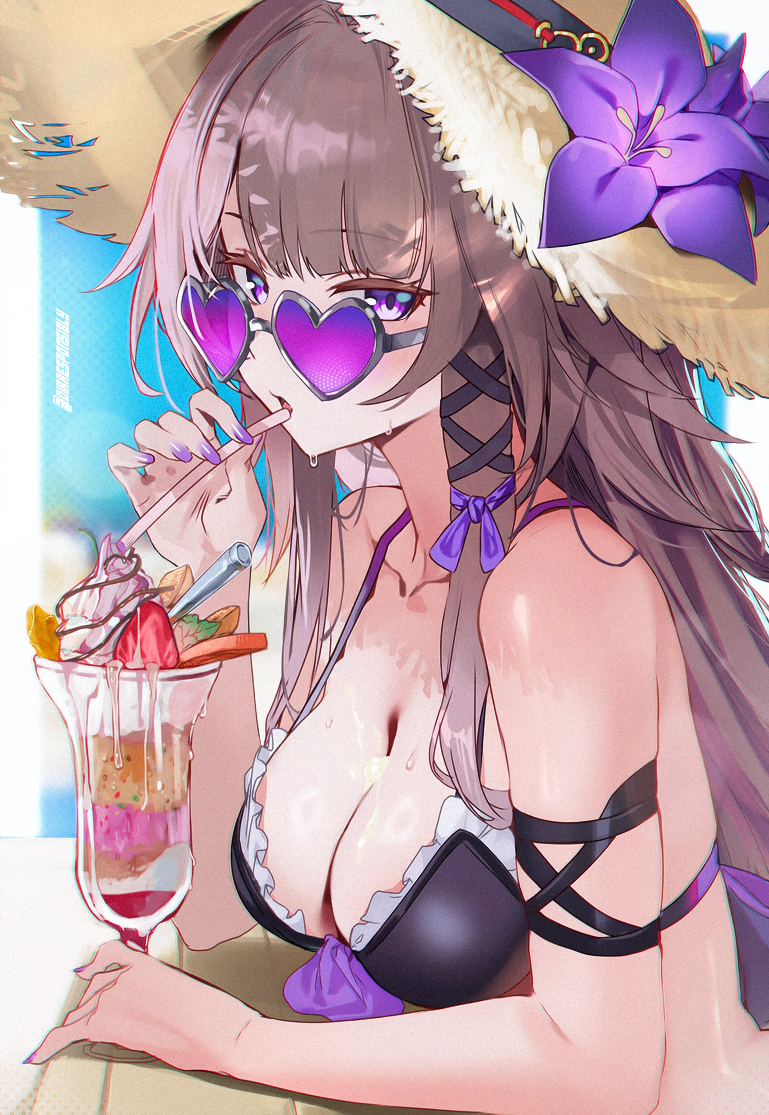 1girls, 2d, ai generated, beach, big hat, black swimsuit, breasts, brown hair, dirresponsibly, drinking, drinking glass, drinking straw, female, hat, heart sunglasses, highres, honkai (series), hoyoverse, long hair, looking at viewer, mihoyo, purple eyes, purple ribbon, ribbon, solo, straw hat, suggestive fluid, suggestive fluid on breasts, swimsuit, the herta (honkai: star rail), wet
