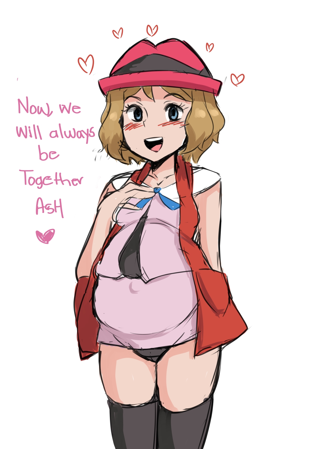 1girls, belly, big belly, black panties, black thighhighs, blonde hair, blue eyes, blue ribbon, blue ribbon stripe, blush, breasts, cameltoe, clothed, dress, english text, female, female only, hand on chest, hat, honey hair, human, jacket, nintendo, open mouth, outie navel, panties, pokemon, pokemon protagonist, pokemon xy, pokemon xy (anime), pregnant, pregnant female, pussy, reach025, serena (pokemon), short hair, sketch, small breasts, smile, solo, standing, text, thighhighs, thighs, white background