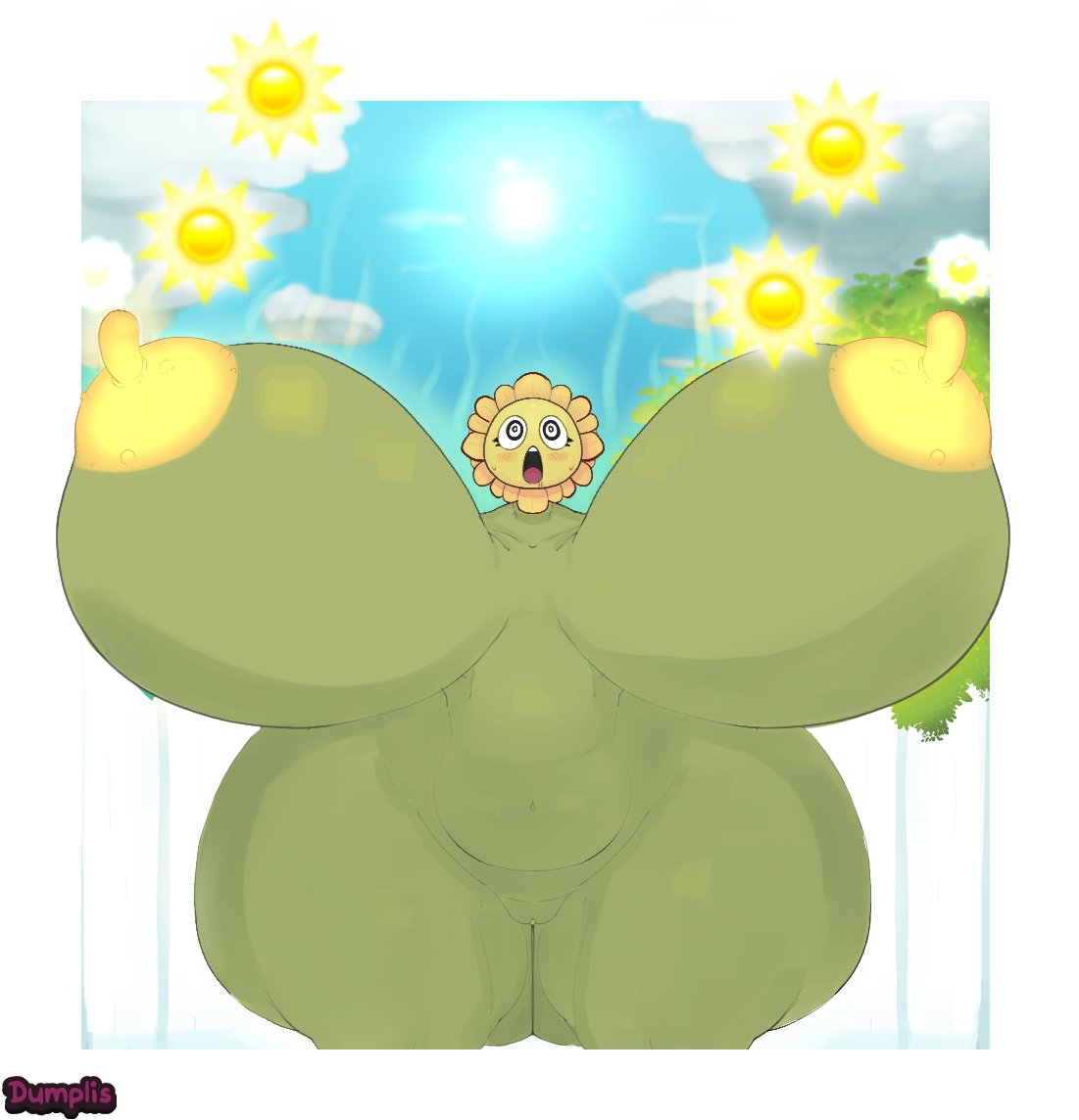 1girls, 2025, anthro, anthrofied, areola, artist name, ass, big breasts, big nipples, biped, blush, bodily fluids, border, breasts, clitoris, cloud, digital drawing (artwork), digital media (artwork), dumplis (artist), electronic arts, elemental creature, elemental humanoid, eyelashes, female, flora fauna, flower, flower creature, flower girl, front view, genitals, huge breasts, huge hips, huge nipples, huge thighs, humanoid, hyper, hyper breasts, hyper hips, hypnotic eyes, hypnotized, nipples, not furry, nude, nude female, open mouth, outside, plant, plant girl, plant humanoid, plantie, plants vs zombies, plants vs. zombies, popcap games, pussy, ringed eyes, saliva, sky, solo, sun, sunflower, sunflower (pvz), sweat, teeth, text, thick thighs, tongue, vulva, white border, wide hips, x alexnsfw2
