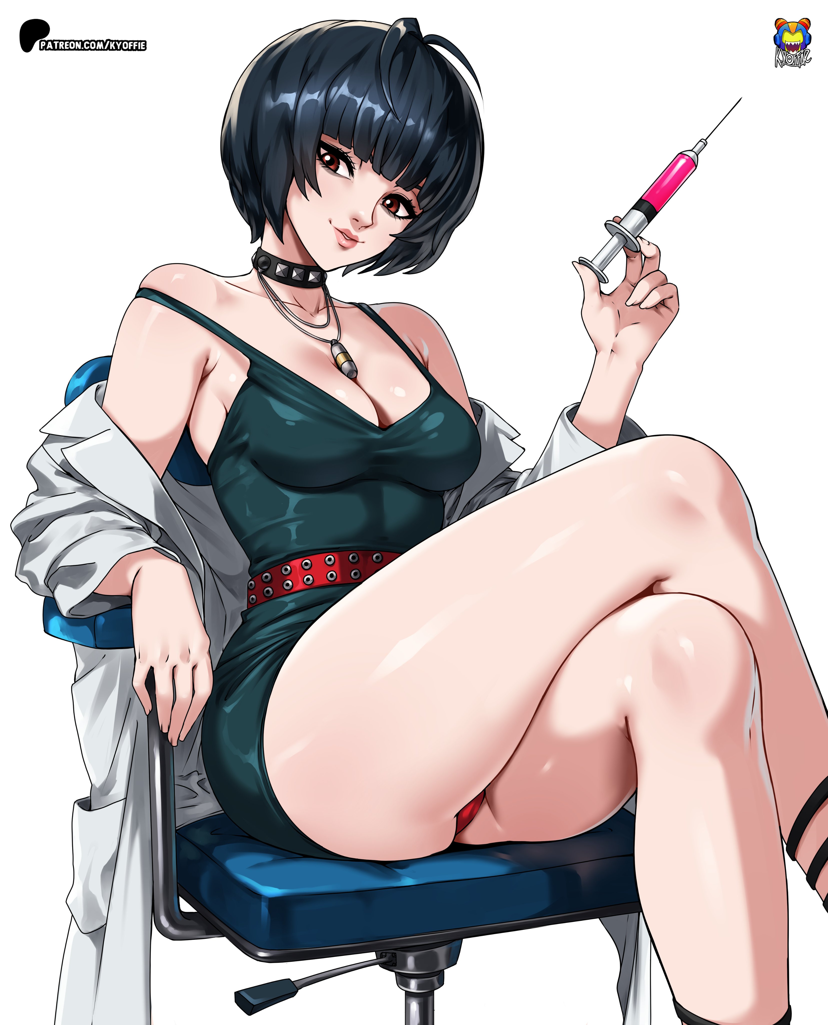 1girls, 2026, atlus, black hair, brown eyes, chair, clothed female, clothing, female, female only, kyoffie, megami tensei, pale skin, pale-skinned female, persona, persona 5, sega, sitting, syringe, tae takemi, tagme, thick thighs, watermark, white background
