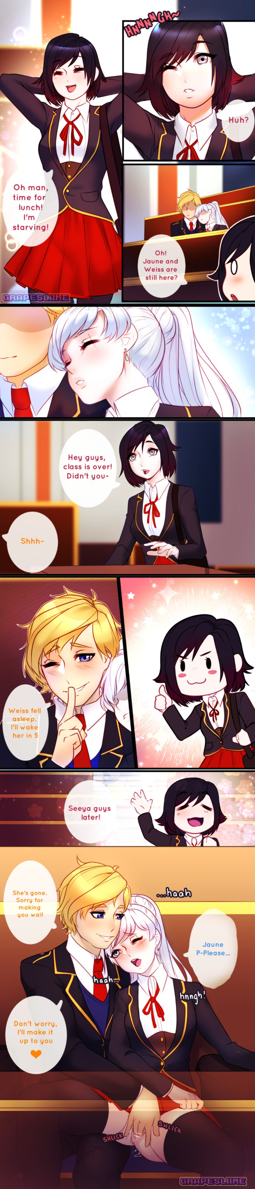 1boy 2girls almost_wholesome black_hair blonde_hair blue_eyes english_text eye_scar female fingering good_end grapesliime human jaune_arc male multiple_girls panties panties_aside pussy pussy_juice red_hair romantic ruby_rose rwby scar_across_eye school_uniform schoolgirl silver_eyes sitting_on_lap stealth stealth_sex text two_tone_hair weiss_schnee white_hair wholesome