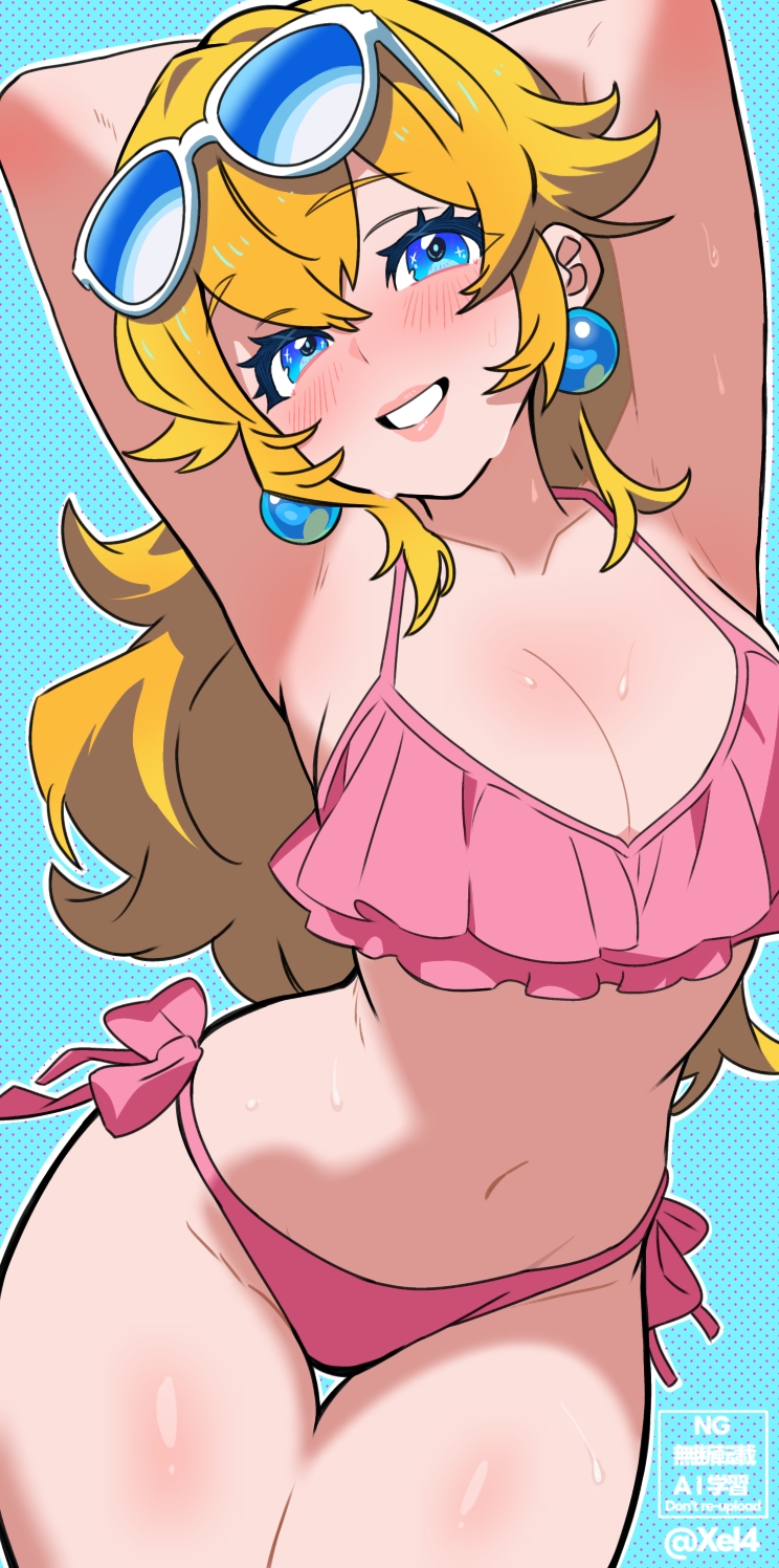 1girls, alternate costume, arms up, bikini, blonde hair, blue background, blue eyes, blush, breasts, cleavage, commentary, crossed bangs, double-parted bangs, earrings, english commentary, eyewear on head, female, female only, grin, highres, jewelry, large breasts, long hair, looking at viewer, mario (series), midriff, navel, nintendo, nose blush, outline, pink bikini, polka dot, polka dot background, princess peach, ruffle bikini, simple background, smile, solo, swaying hip, swimsuit, watermark, white outline, xel4