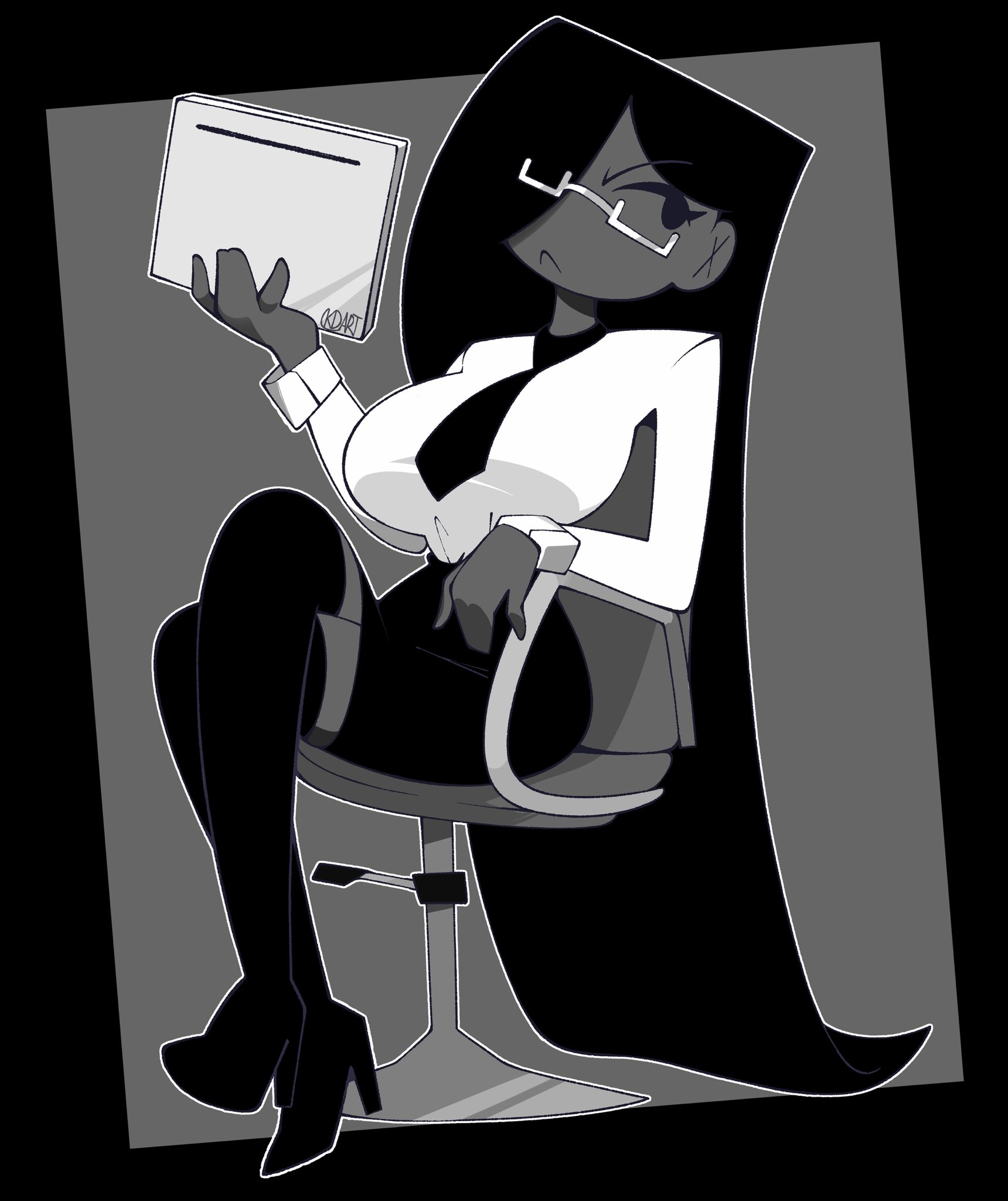 1girls, atastic, black eyes, black hair, breasts, chair, female, glasses, hair covering eye, heels, kelvindoesart, large breasts, long hair, office lady (atastic), original, original character, shirt, sitting, skirt, solo, tie, white shirt, zettai ryouiki