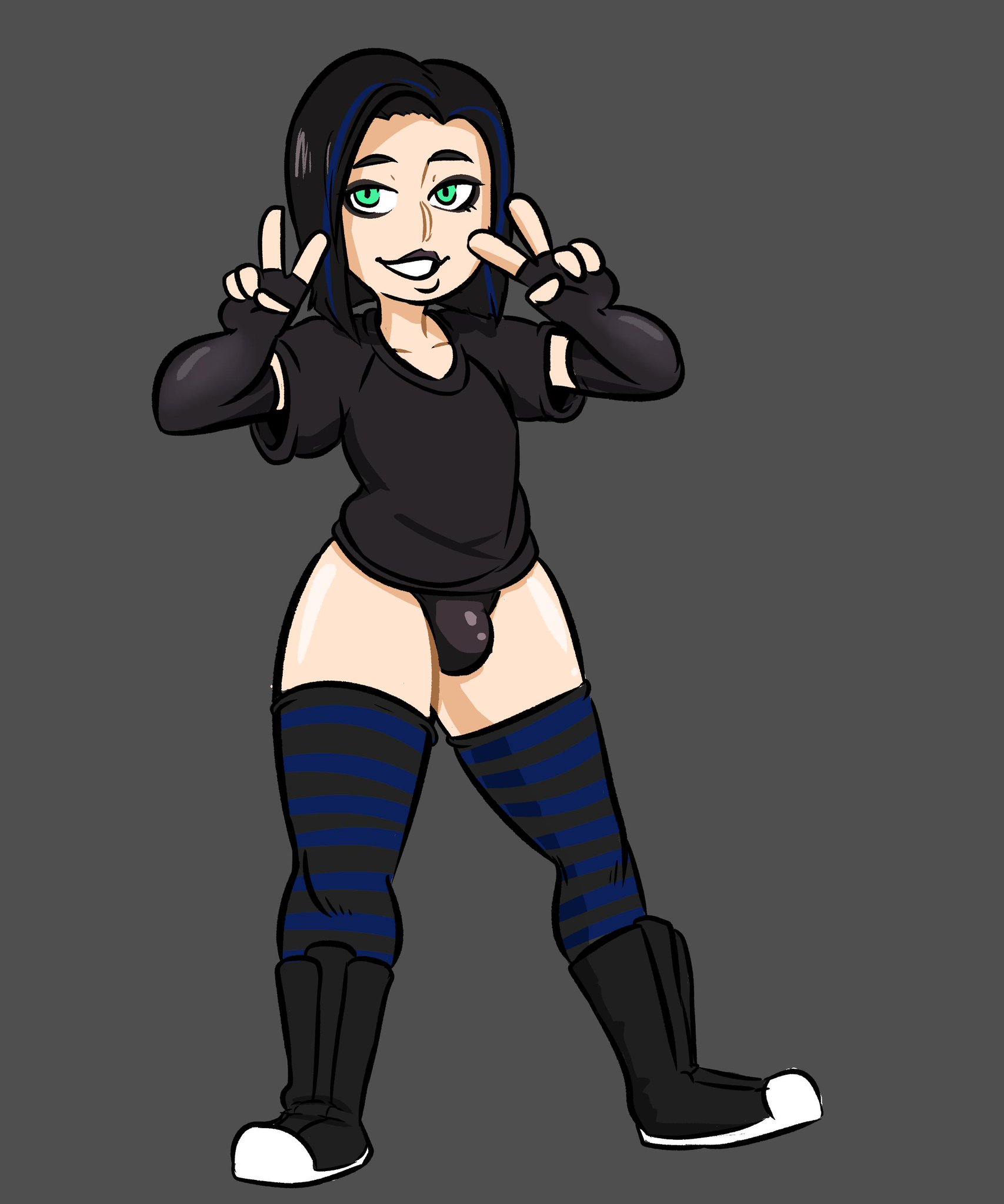 1boy, androgynous, armwear, balls, balls in panties, boots, bulge, double v, eyeshadow, femboy, girly, goth, lipstick, makeup, male, male only, mrbooshmaster, panties, penis, penis in panties, shoes, solo, stockings, thighhighs, trap, v
