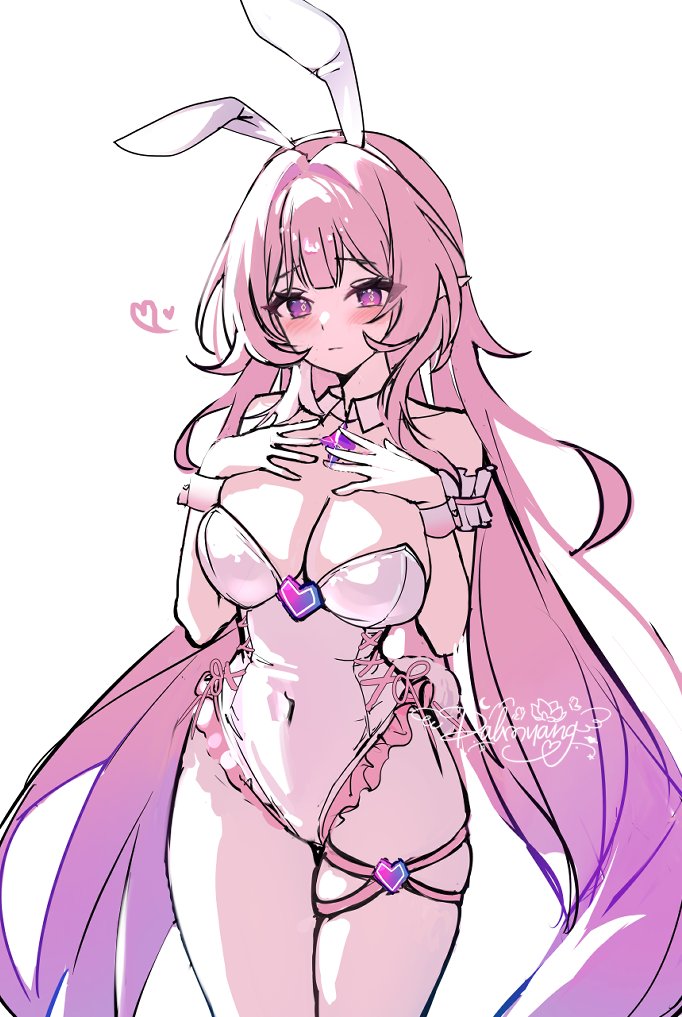 1girls, blush, bunny ears, bunnysuit, cyrene (honkai: star rail), cyrene (ripples of past reverie) (honkai: star rail), dalmyang, demiurge (honkai: star rail), female, honkai: star rail, hoyoverse, long hair, mihoyo, pink eyes, thighband, very long hair, white background, white bunnysuit