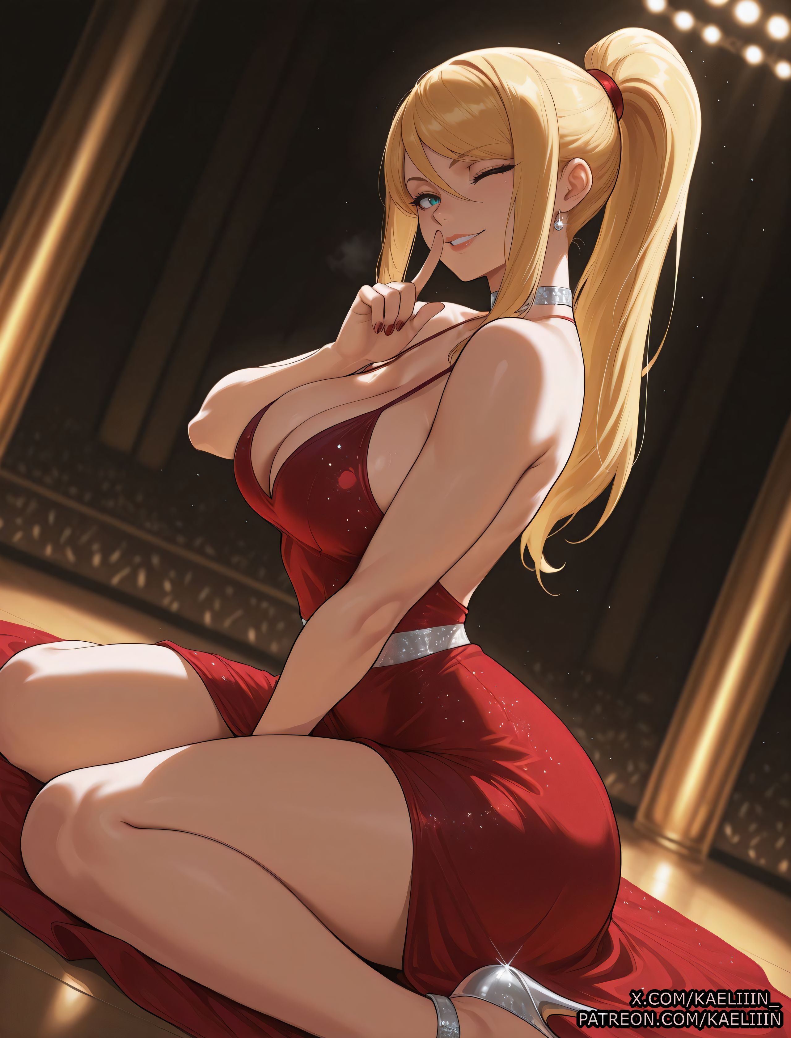 ai assisted, ai generated, anime, anime style, big ass, big breasts, blonde hair, breasts, clitoris, curvaceous, curvaceous body, curvaceous female, curvaceous figure, female, female focus, fit female, girly, hourglass figure, huge ass, huge breasts, kaeliiin, metroid, pussy, red dress, samus aran, sexy, shiny, uncensored, vagina, voluptuous, voluptuous female, waifu, waifu diffusion