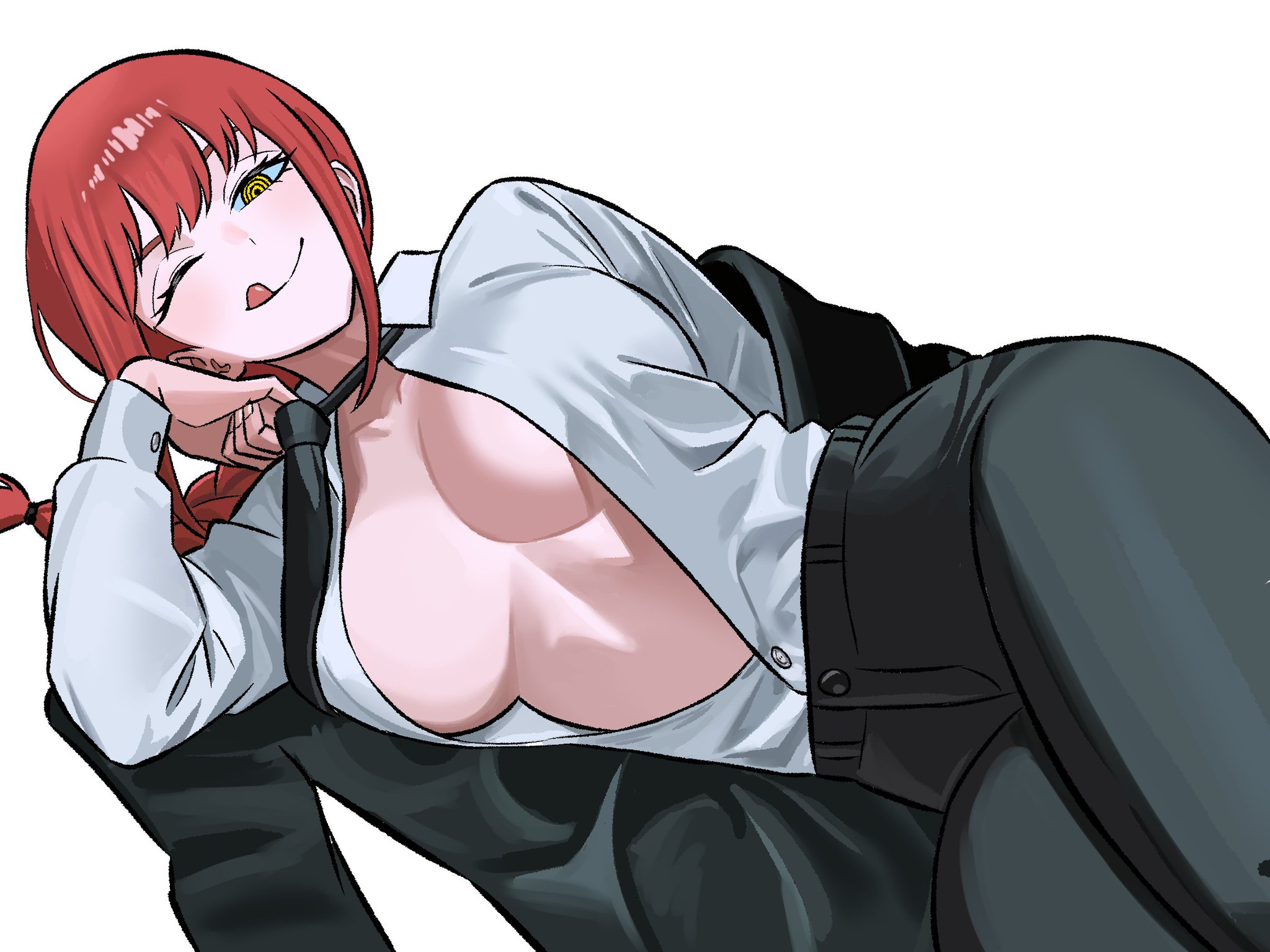 big breasts, boob window, breasts, business suit, chainsaw man, exposed chest, female, invitation, long red hair, lying down, makima (chainsaw man), non nude, one eye closed, red hair, red hair female, shirt open, sole female, tongue out, unbuttoned shirt, unbuttoned topwear, zeon (zzeeonn), zeon j