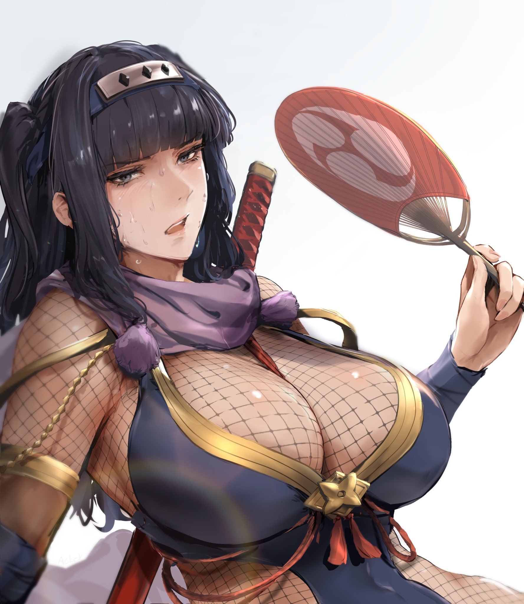 1girls, acker feh, black hair, blush, bodystocking, breasts, cleavage, female, female only, fire emblem, fire emblem awakening, fire emblem heroes, fishnet bodystocking, fishnet bodysuit, fishnets, grey eyes, hand fan, headband, highres, holding, holding fan, hot, japanese clothes, large breasts, long hair, ninja, nintendo, official alternate costume, open mouth, paper fan, purple scarf, reclining, scarf, sheath, sheathed, sidelocks, simple background, solo, sweat, sword, sword on back, tharja (fire emblem), tharja (ninja) (fire emblem), two side up, uchiwa, upper body, weapon, weapon on back, white background