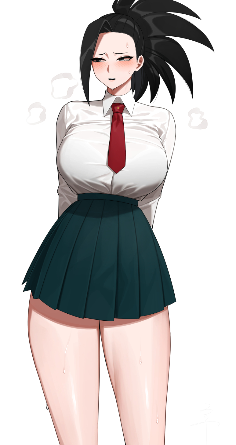 1girls, arms behind back, big breasts, black eyes, black hair, black-haired female, blush, boku no hero academia, breasts, diagonal stripes, female, female only, hair pulled back, half-closed eyes, large breasts, looking at viewer, momo yaoyorozu, my hero academia, necktie, pleated skirt, ponytail, red neckwear, school uniform, senju (snz0), shirt, skirt, smile, solo, striped, sweat, u.a. school uniform, white shirt
