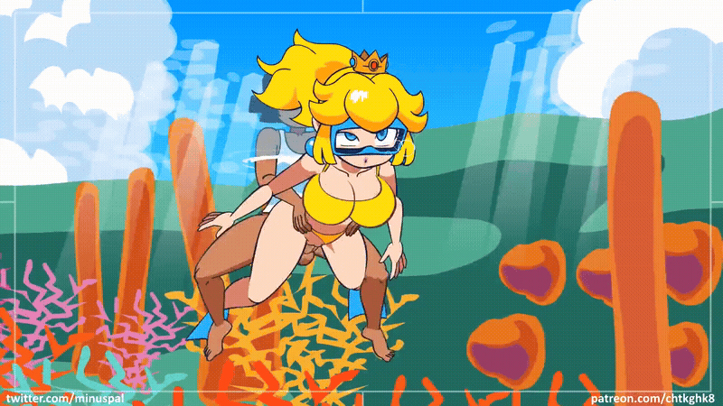 1boy, 1girl, 1girls, 2022, 20s, ahegao, animated, animated gif, artist self-insert, ass, bare shoulders, bikini, bikini bottom aside, black hair, blonde hair, blue eyes, blue sky, blunt bangs, blush, bob cut, bottomless, bouncing breasts, bracelet, breasts, brooch, chocolate and vanilla, cloud, cloudy sky, collarbone, crown, curvy, dark skin, dark-skinned male, doggystyle, earrings, eyelashes, eyeshadow, faceless, faceless male, female, flippers, high ponytail, highres, huge ass, jewelry, large breasts, large penis, lips, lipstick, live2d, long hair, mario (series), minus8 (character), minuspal, netorare, nintendo, official alternate costume, outdoors, penis, pink bikini, pink lips, pink lipstick, princess peach, pussy, pussy juice, sex, sphere earrings, super mario sunshine, swimming, swimming goggles, swimsuit, tagme, testicles, thick thighs, underwater, white tank top, wide hips, yellow bikini