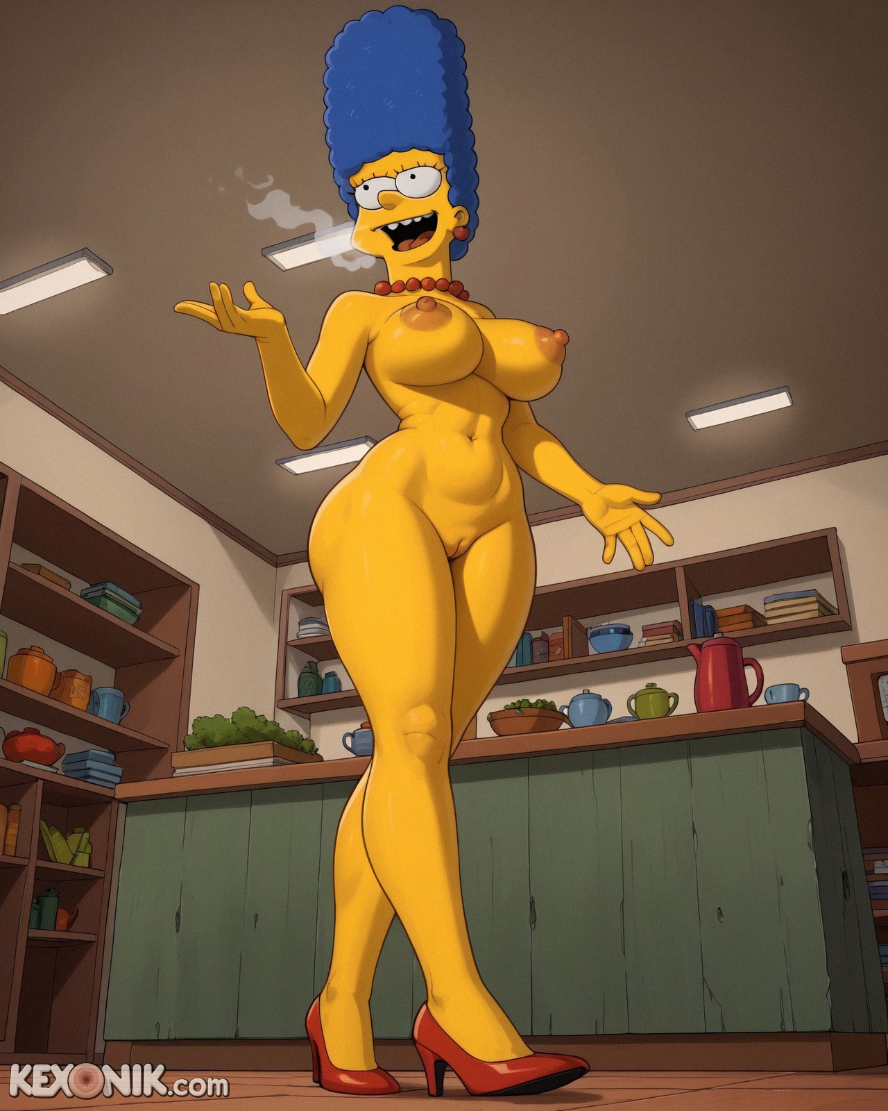 1girls, ai generated, big eyes, big nipples, blue hair, breasts, cleavage, cleft of venus, clothes lift, fat ass, female, flat colors, from below, gigantic ass, green dress, heavy breathing, hourglass figure, huge ass, kexonik, large breasts, laughing, long eyelashes, low angle, marge simpson, massive tits, narrow waist, narrowed eyes, plump, puffy nipples, pussy, red high heels, sagging breasts, solo, taker pov, tall, the simpsons, voluptuous body, yellow breasts, yellow skin