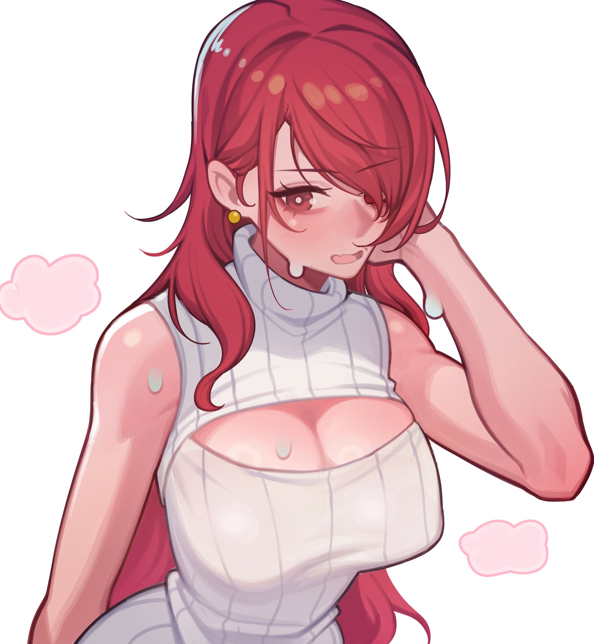 1girls, breasts, bright pupils, cleavage, cleavage cutout, clothing cutout, earrings, eyelashes, female, female only, gold earrings, hair over one eye, hand on own head, highres, jewelry, kirijou mitsuru, large breasts, long hair, mitsuru kirijo, mitsuru kirijo (summer casual), open mouth, persona, persona 3, red eyes, red hair, simple background, sleeveless, sleeveless sweater, solo, sphere earrings, sweat, sweater, turtleneck, turtleneck sweater, upper body, very long hair, wavy mouth, white background, white pupils, white sweater