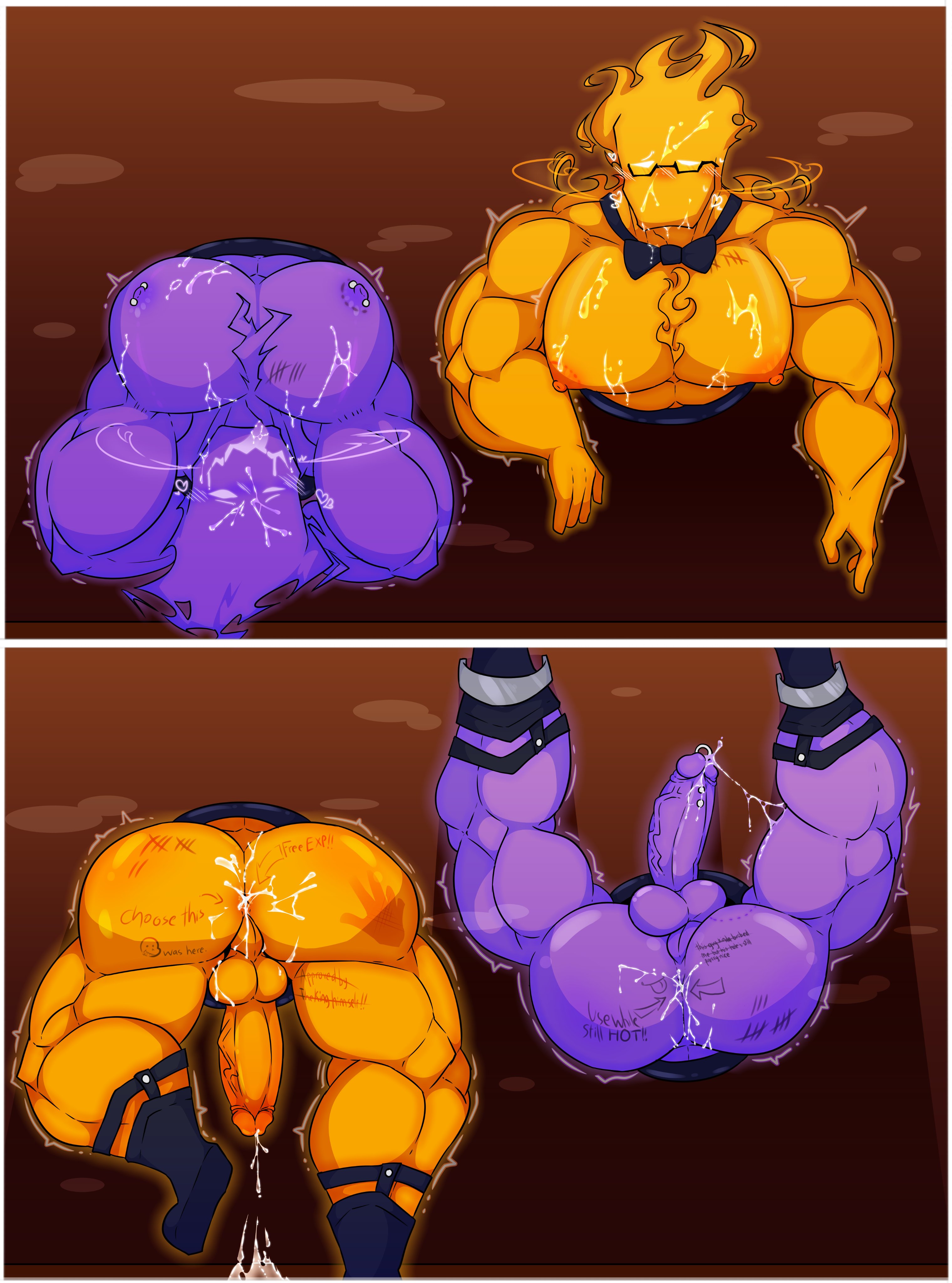 2boys, after sex, ass, body writing, cum, cum in ass, cum inside, cum on face, fire, gay, glasses, grillby, grillby (underfell), male, male only, male/male, muscular, muscular male, nulldystopia, orange body, pecs, purple body, underfell, undertale, undertale (series)