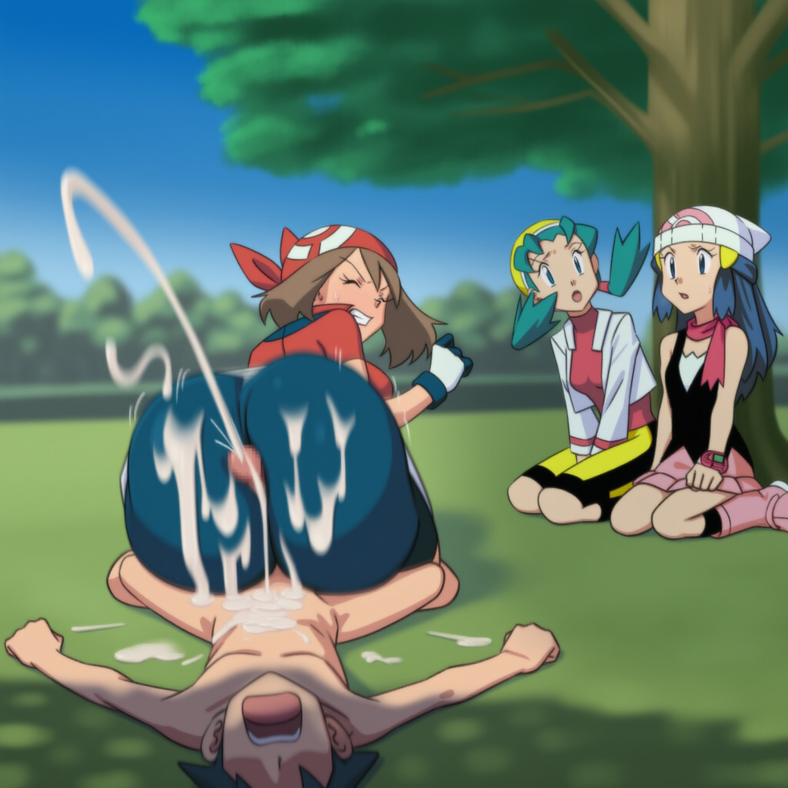 ai generated, ass, ass focus, assjob, balls, big ass, big breasts, big butt, bike shorts, bottom heavy, breasts, buttcrush, buttjob, clenched ass, clenching butt, covered assjob, covered buttjob, cum, cum explosion, cum on ass, dawn (pokemon), doggy style, ejaculation, erection, female, femdom, gigantic ass, gigantic penis, hot dogging, huge ass, huge breasts, huge butt, huge cock, kris (pokemon), large breasts, long penis, male, may (pokemon), may buttjob, penis, penis between ass, penis on ass, pokemon, satoshi (pokemon)
