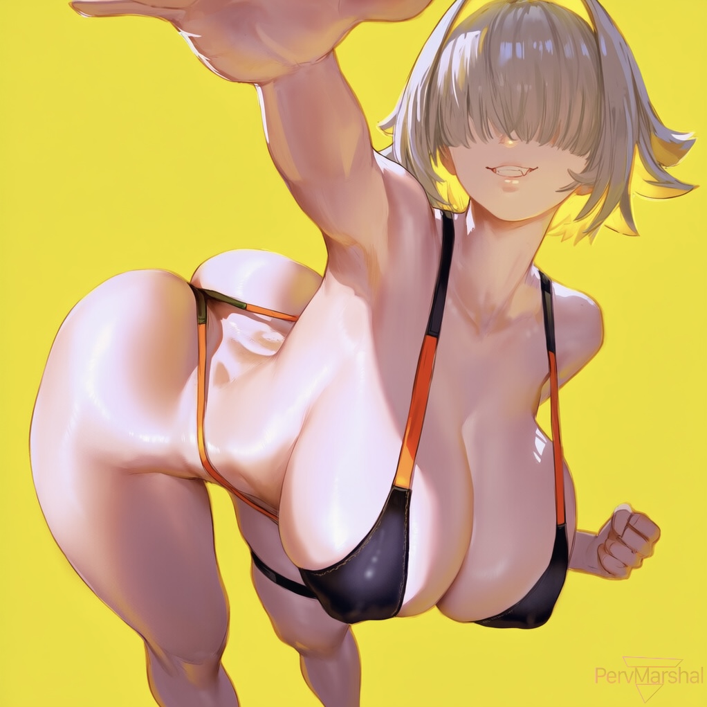 ai generated, blonde hair, breasts, covered eyes, elegg (nikke), female, female only, goddess of victory: nikke, huge breasts, leaning forward, marshalperv, pervmarshal, plump, reaching towards viewer, shiny skin, short hair, simple background, sli, sling bikini, slingshot swimsuit, smile, yellow background