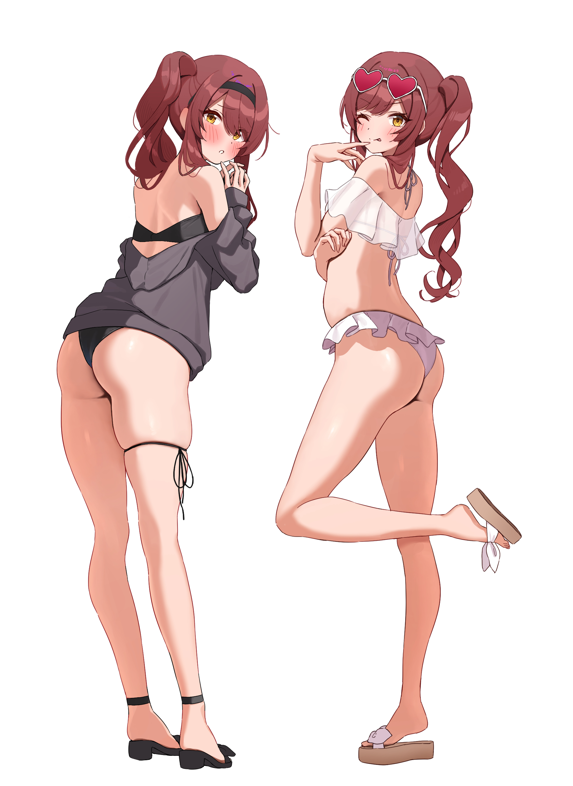 2girls, absurdres, ass, bare shoulders, bikini, black bow, black jacket, blush, bow, breasts, closed mouth, commentary request, eyewear on head, female, frilled bikini, frills, from behind, full body, heart, heart-shaped eyewear, highres, idolmaster, idolmaster shiny colors, jacket, legs, long hair, long sleeves, looking at viewer, medium breasts, multiple females, multiple girls, o-ring, o-ring bikini, o-ring top, off shoulder, open clothes, open jacket, osaki amana, osaki tenka, red hair, red-tinted eyewear, sandals, siblings, side ponytail, side-tie bikini bottom, simple background, sisters, skindentation, standing, swimsuit, thigh strap, thighs, tinted eyewear, toes, twins, wanimaru, white background, white bow, yellow eyes