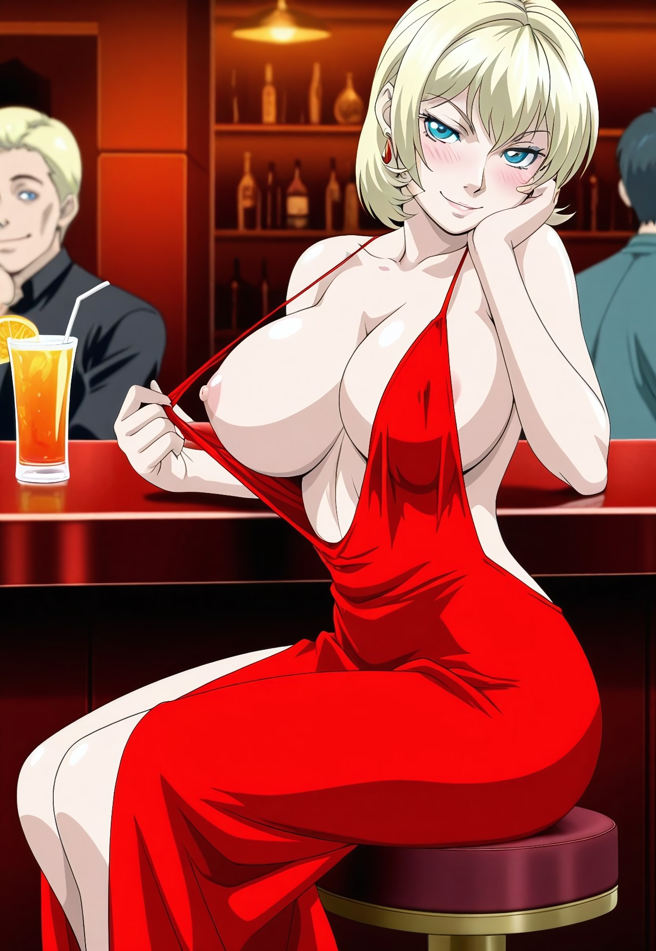 1girls, 2boys, ai generated, alternate costume, bar, bar counter, bare breasts, bare chest, bare legs, bare shoulders, being watched, bible black, bible black new testament, big breasts, black hair, blonde hair, blue eyes, breasts, brown hair, caught, caught in the act, clothing, drink, earrings, exhibitionism, exhibitionist, exposed breasts, fancy, fancy clothing, fancy dress, female, female focus, femme fatale, flashing, flashing breasts, formal clothes, glass, hand on face, high resolution, indoors, jewelry, jody crowley, lipstick, looking at viewer, looking back, multiple boys, multiple males, naughty, naughty face, naughty girl, naughty smile, nipple slip, no bra, no panties, official alternate costume, one breast out, party dress, peaking, people in background, people watching, presenting, presenting breasts, public exposure, pulled by self, red dress, revealing clothes, seducing, seducing viewer, seduction, seductive, seductive body, seductive eyes, seductive gaze, seductive look, seductive mouth, seductive pose, seductive smile, shameless, shin bible black, short hair, skimpy, skimpy clothes, stool, teasing, teenage female, teenager, uncensored, watching, watching from afar, white skin
