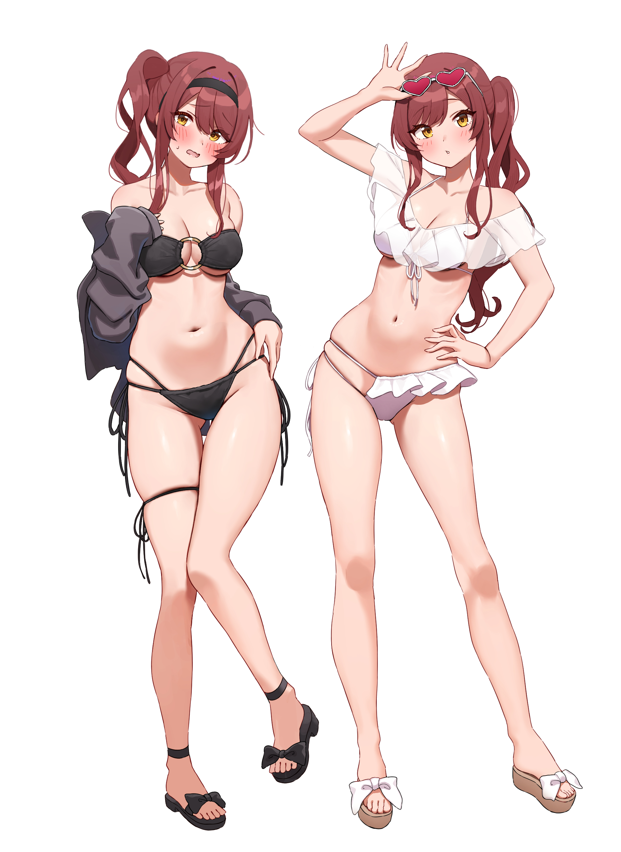 2girls, absurdres, arm up, bare shoulders, bikini, black bow, black jacket, blush, bow, breasts, cleavage, collarbone, commentary, contrapposto, eyewear on head, female, frilled bikini, frills, full body, hand on own hip, heart, heart-shaped eyewear, highres, idolmaster, idolmaster shiny colors, jacket, legs, long hair, long sleeves, looking at viewer, medium breasts, multiple females, multiple girls, navel, o-ring, o-ring bikini, o-ring top, off shoulder, open clothes, open jacket, open mouth, osaki amana, osaki tenka, red hair, red-tinted eyewear, siblings, side ponytail, side-tie bikini bottom, simple background, sisters, skindentation, standing, stomach, swimsuit, symbol-only commentary, thigh strap, thighs, tinted eyewear, twins, wanimaru, white background, white bow, yellow eyes