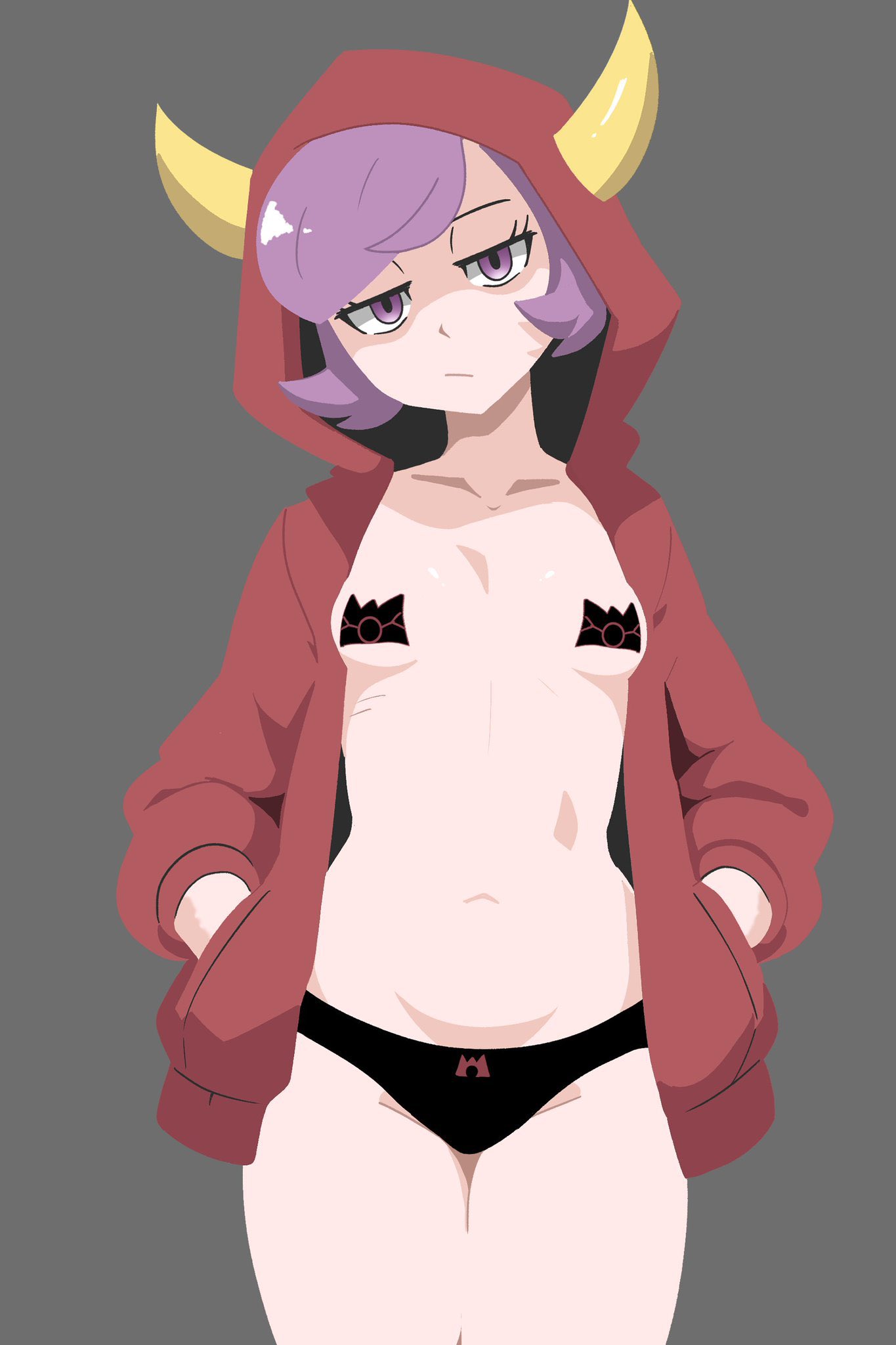 1girls, adapted costume, alternate costume, ausshawott, aussy, black panties, breasts, courtney (pokemon oras), courtney (pokemon), fake horns, female, female only, half-closed eyes, hands in pockets, highres, hood, hood up, hooded jacket, horned hood, horns, jacket, light frown, looking at viewer, navel, nintendo, open clothes, open jacket, panties, pasties, pokemon, pokemon oras, purple eyes, purple hair, red hood, saucy aussy, short hair, short purple hair, small breasts, solo, team magma, topless female, underwear, yellow horns