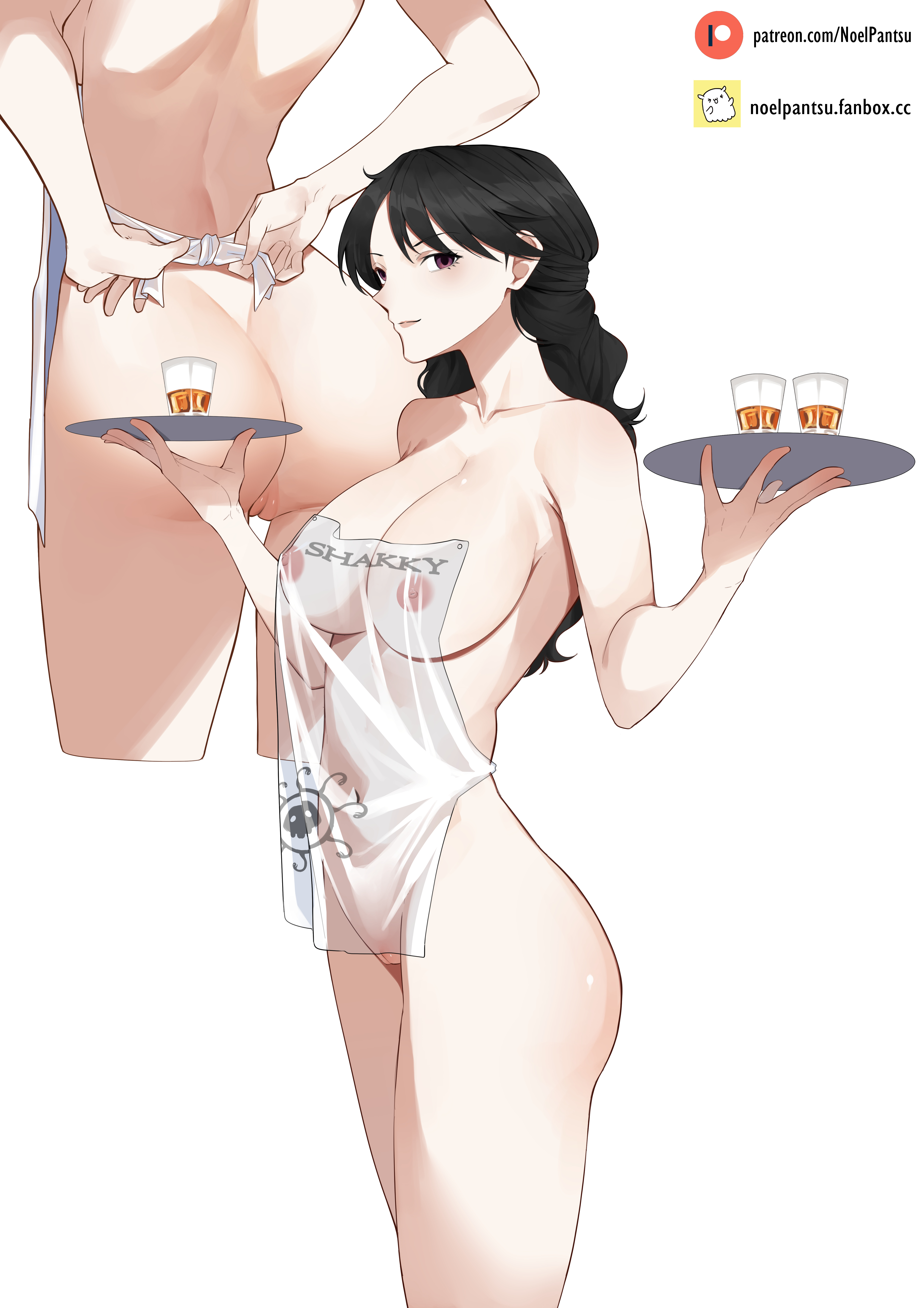1girls, beverage, black hair, black-haired female, dark hair, female, female only, naked apron, nipples visible through clothing, noelpantsu, nude, one piece, see-through, shakuyaku, tray, waitress