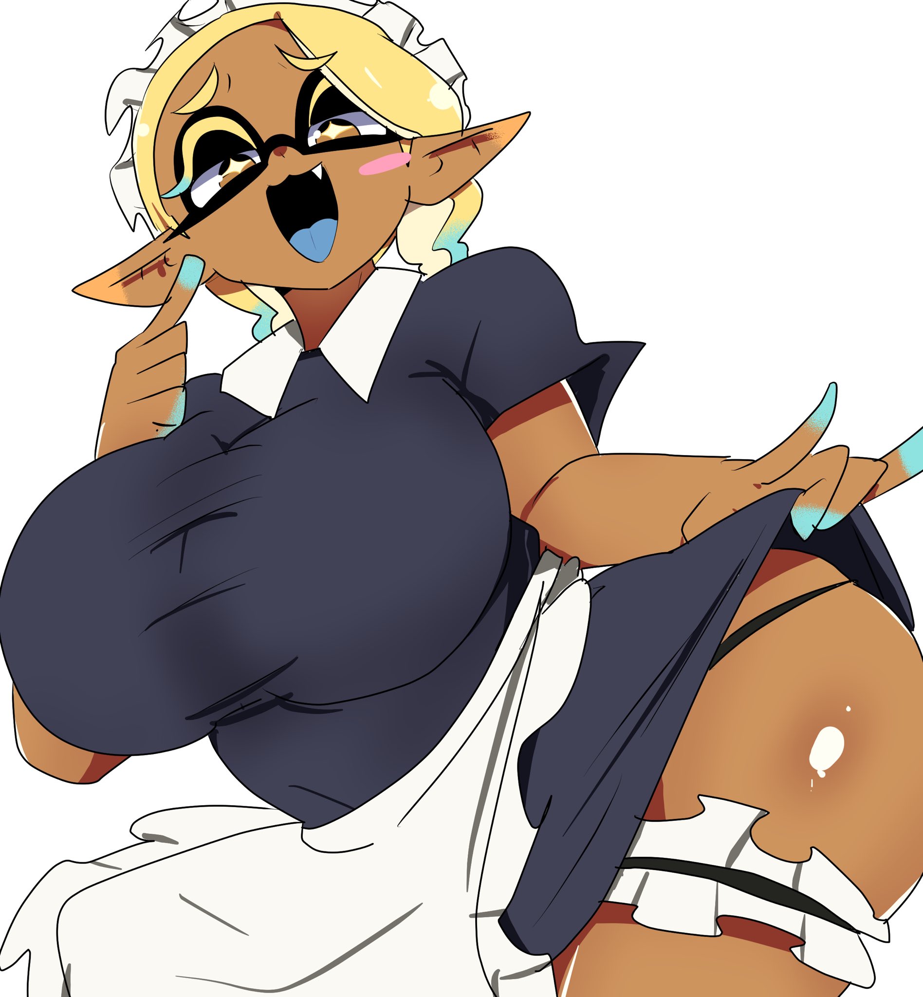 + +, 1girls, ass, breasts, chicken rib, dress, dress lift, dress lifted by self, female, frye (splatoon), inkling, inkling girl, large breasts, looking at viewer, maid, maid dress, maid headdress, maid outfit, maid uniform, nintendo, pointy ears, shiny skin, short sleeves, solo, splatoon, splatoon (series), splatoon 3, tentacle hair, thick thighs, thighhighs, thighs, tongue