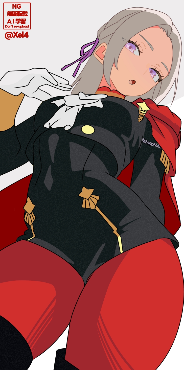 1girls, 2d, 2d (artwork), blazer, breasts, cloak, covered navel, edelgard von hresvelg, female, female only, fire emblem, from below, gloves, green eyes, highres, human, human only, jacket, long hair, looking at viewer, looking down, medium breasts, nintendo, open mouth, pants, purple eyes, questionable, red pants, sfw, simple background, solo, solo female, standing, thighs, white background, white gloves, xel4