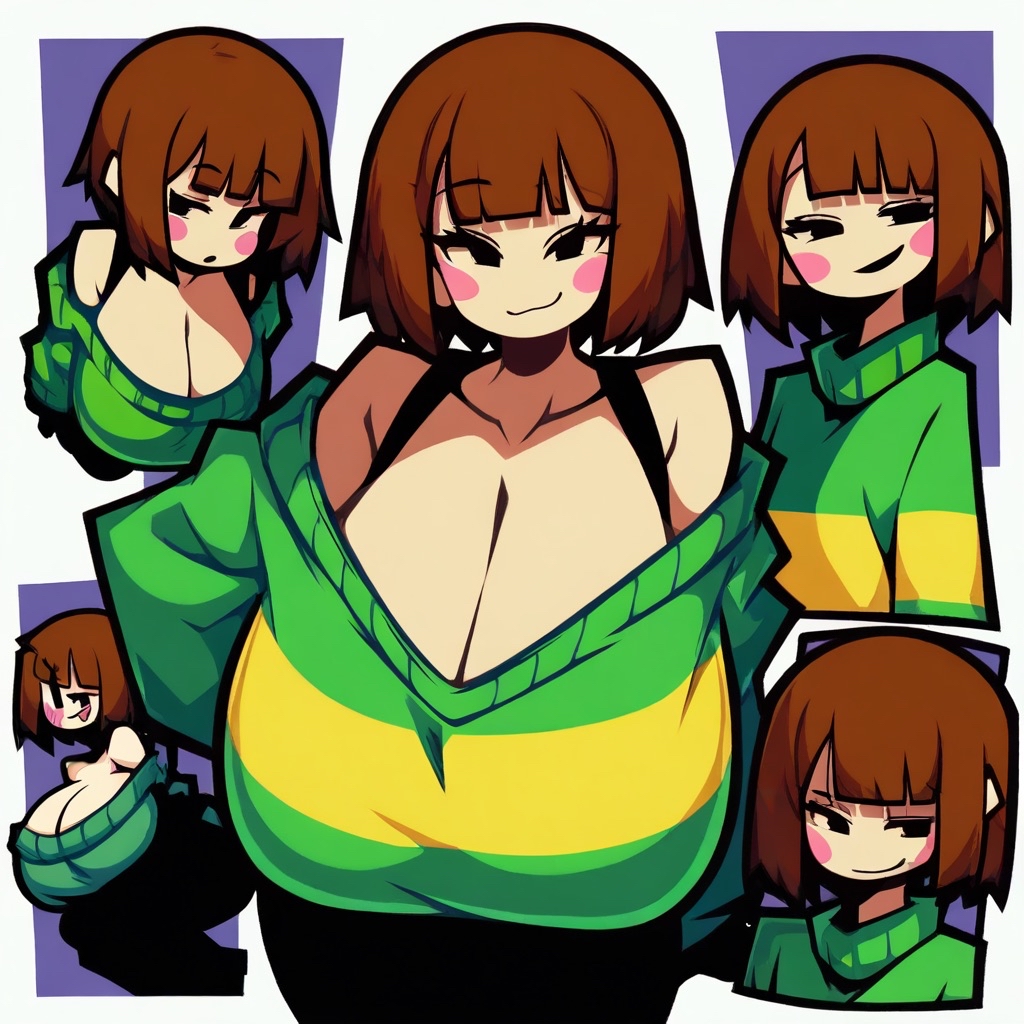 ai generated, breasts, chara, cleavage, female, gigantic breasts, off shoulder, off shoulder sweater, smug, sweater, thick, undertale