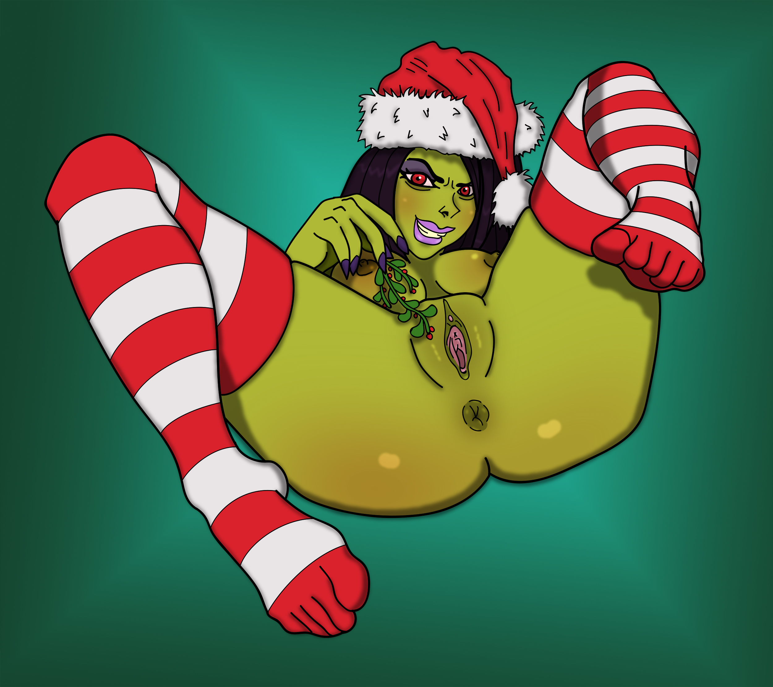1girls, anus, areola, areolae, artist request, banjo-kazooie, black hair, breasts, christmas, christmas outfit, clitoris, clothing, confident, curvy, eyelashes, eyeshadow, feet, female, female only, game over gruntilda, green background, green skin, gruntilda, hat, highres, holidays, legwear, lips, lipstick, looking at viewer, lying down, lying on back, mature female, medium breasts, mistletoe, nails, painted nails, partially clothed, presenting, presenting anus, presenting pussy, purple lipstick, purple nails, pussy, rape face, rareware, red eyes, santa hat, seductive, seductive smile, shiny skin, short hair, smile, smiling, solo, stockings, striped legwear, striped stockings, striped thighhighs, thick thighs, thighhighs, toe socks, toes, urethra, vagina, video game, video games, wide hips, witch