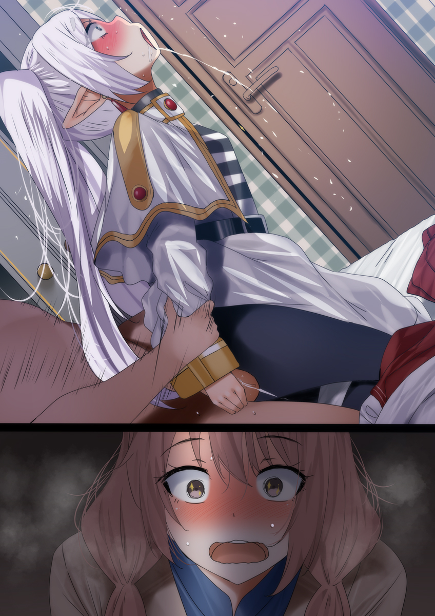1boy, 2girls, blush, caught in the act, clothed female nude male, cosplay, cosplaying as character, cuckquean, doggy style, elf ears, female, frieren, frieren (cosplay), frieren beyond journey's end, fumihiko (pixiv2658856), holding wrists, inui sajuna, male, motion lines, multiple girls, peeking through door, peeping, pink hair, rough sex, sisters, sono bisque doll wa koi wo suru, sousou no frieren, sweating, voyeur, voyeurism, watching, white hair, wig