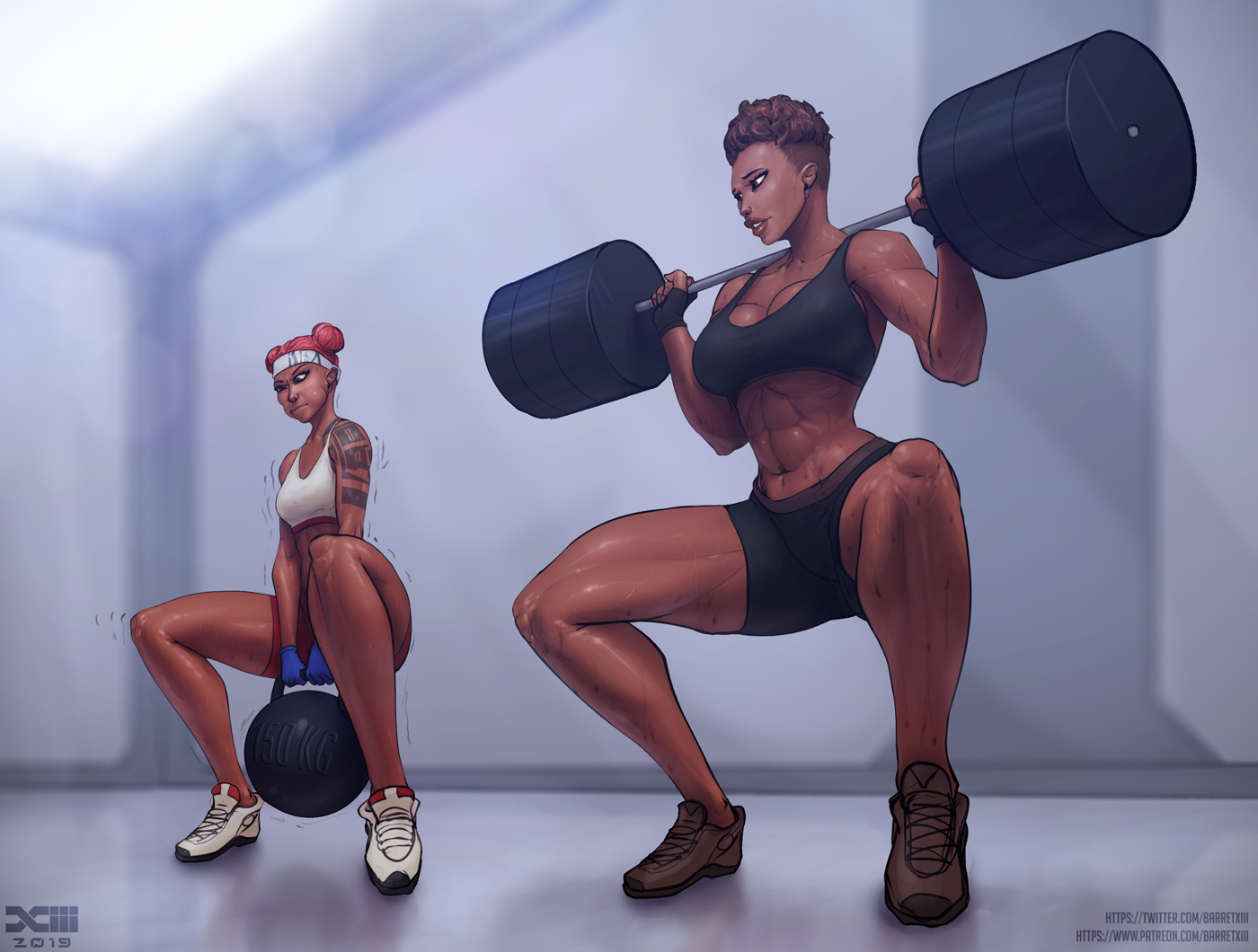 2girls, abs, african, african female, apex legends, bangalore, barretxiii, breasts, cleavage, dark skin, dark-skinned female, female, female only, lifeline (apex legends), muscles, muscular, muscular female, spread legs, weightlifting, weights
