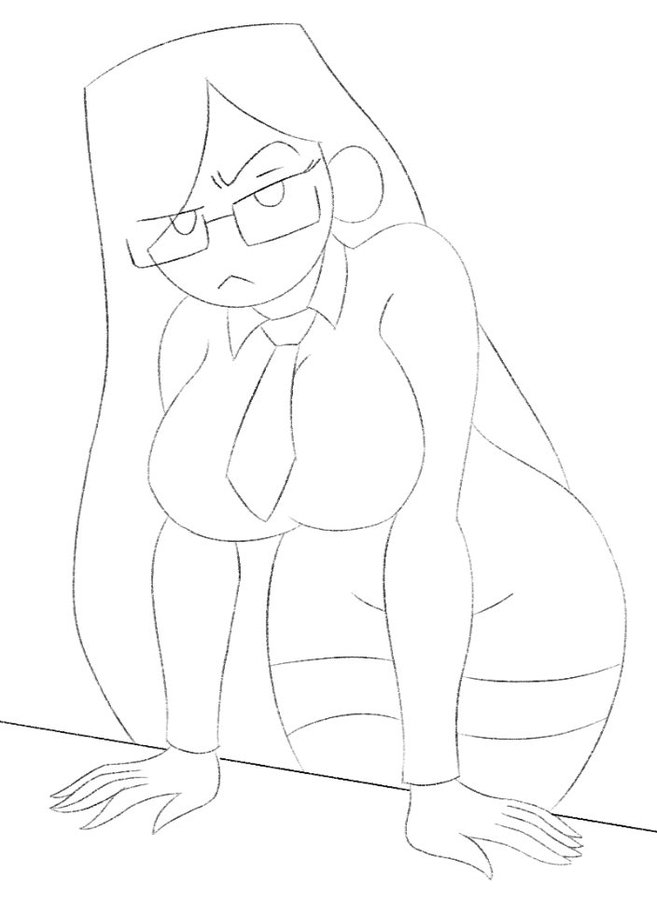 1girls, atastic, breasts, drawing, female, glasses, large breasts, long hair, looking at viewer, office lady (atastic), original, original character, raised eyebrow, shirt, sketch, skirt, solo, square glasses, thighhighs, tie, white background, zettai ryouiki