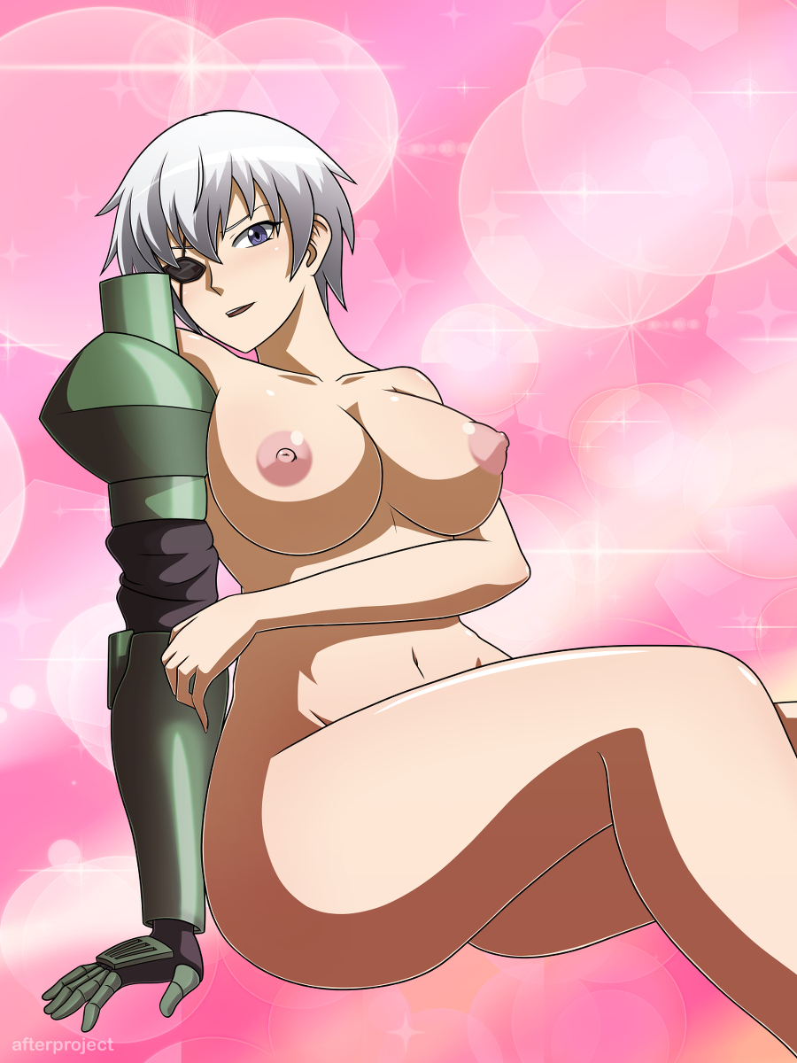 1girls, akame ga kill!, ass, background, breasts, cleavage, eye patch, eyepatch, female, female only, huge breasts, large breasts, looking at viewer, mechanical arm, najenda (akame ga kill!), nipples, nude, purple eyes, short hair, silver hair, smile, solo, thighhighs, tomboy, toned
