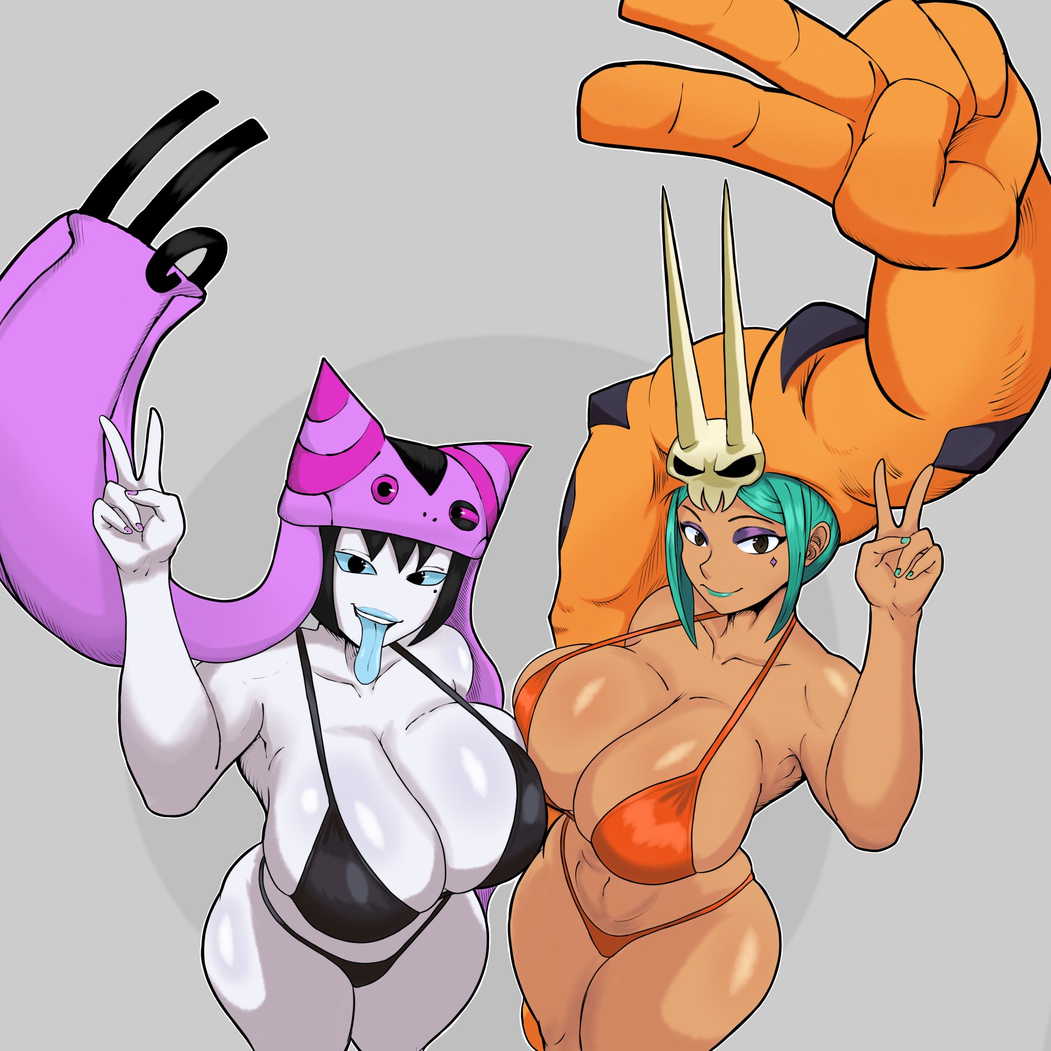 2girls, aqua hair, big breasts, bikini, breasts, cassandra veranos, cerebella, cleavage, double v, female, female only, hat, huge breasts, kailestorart, living clothes, looking at viewer, multiple females, multiple girls, mystique sonia, skullgirls, swimsuit, thick thighs, tongue, tongue out, v, vice-versa, w