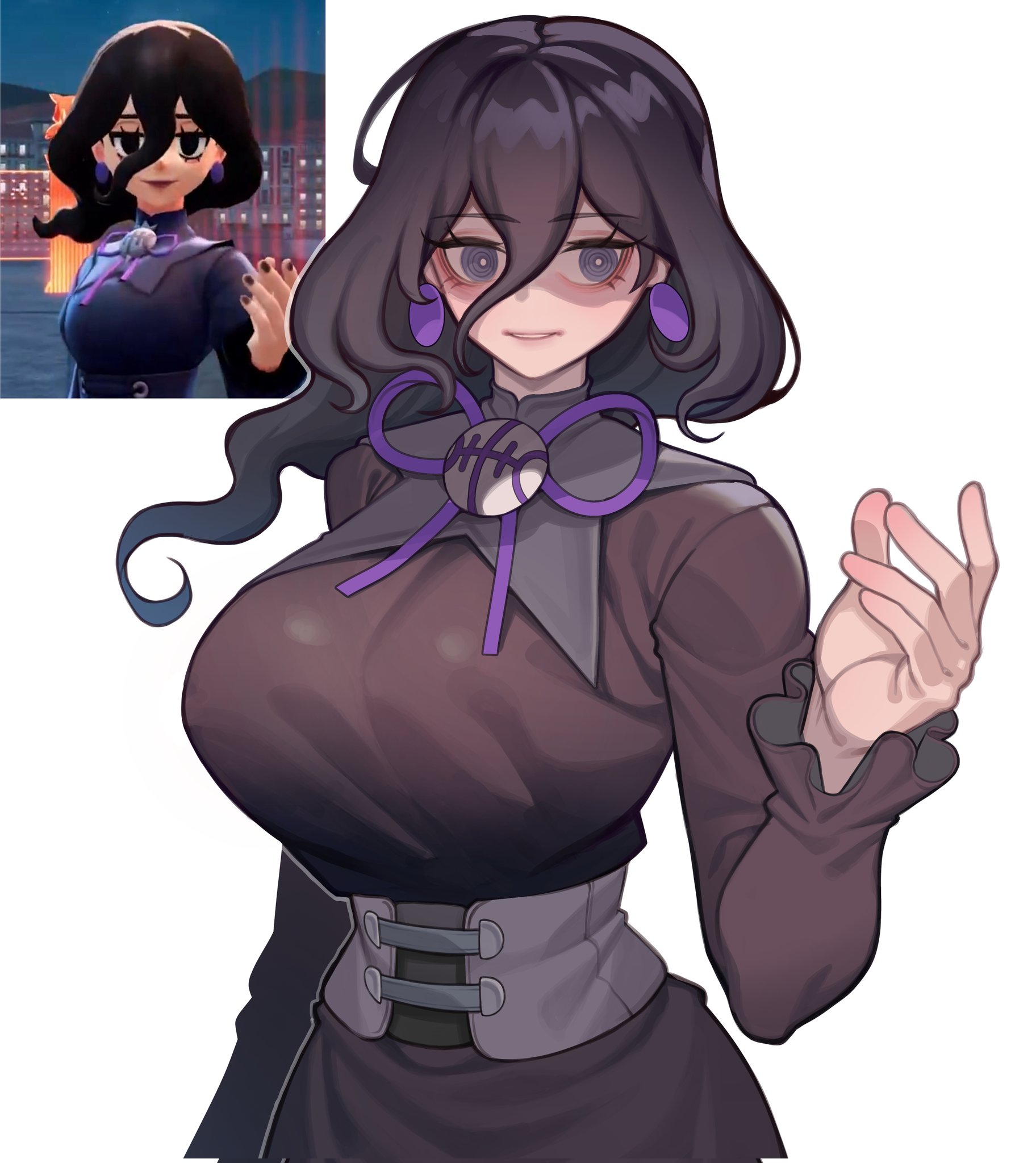 1girls, alternate breast size (larger), bags under eyes, big breasts, breasts, corset, cropped legs, derivative work, female, female only, game freak, hair between eyes, hex maniac, highres, large breasts, long hair, long sleeves, nintendo, pokemon, purple eyes, reference inset, screenshot redraw, simple background, solo, standing, tented shirt, white background