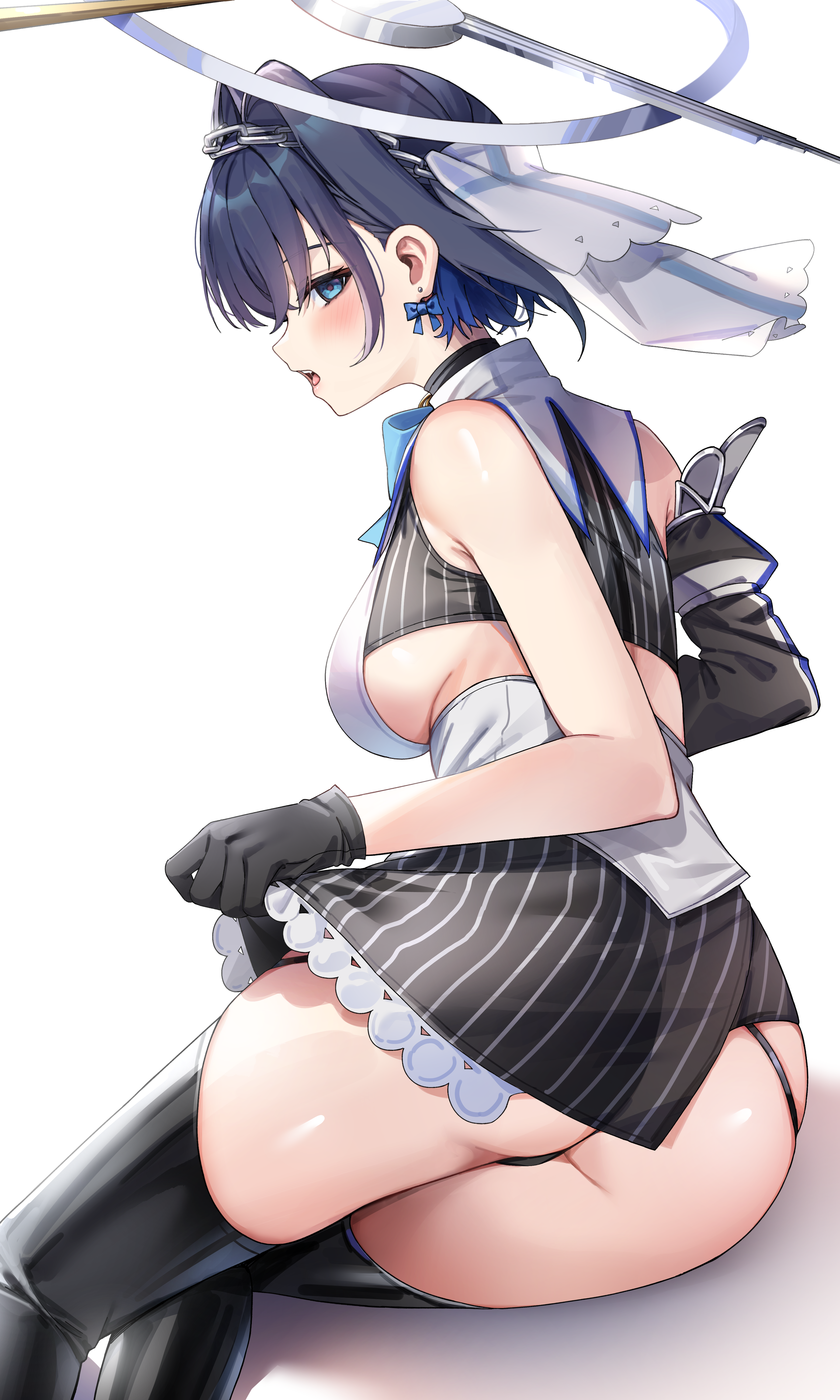 1girls, 2025, absurd res, absurdres, ass, bare shoulders, big ass, blue eyes, blue hair, blush, breasts, dark hair, detached sleeves, female, female only, gloves, hair intakes, hi res, high resolution, highres, hololive, hololive english, hololive english -council-, hololive english -promise-, huge ass, large ass, looking at viewer, medium hair, miniblack, miniskirt, ouro kronii, sideboob, simple background, skirt, skirt lift, solo, solo focus, tagme, veil, virtual youtuber, white background